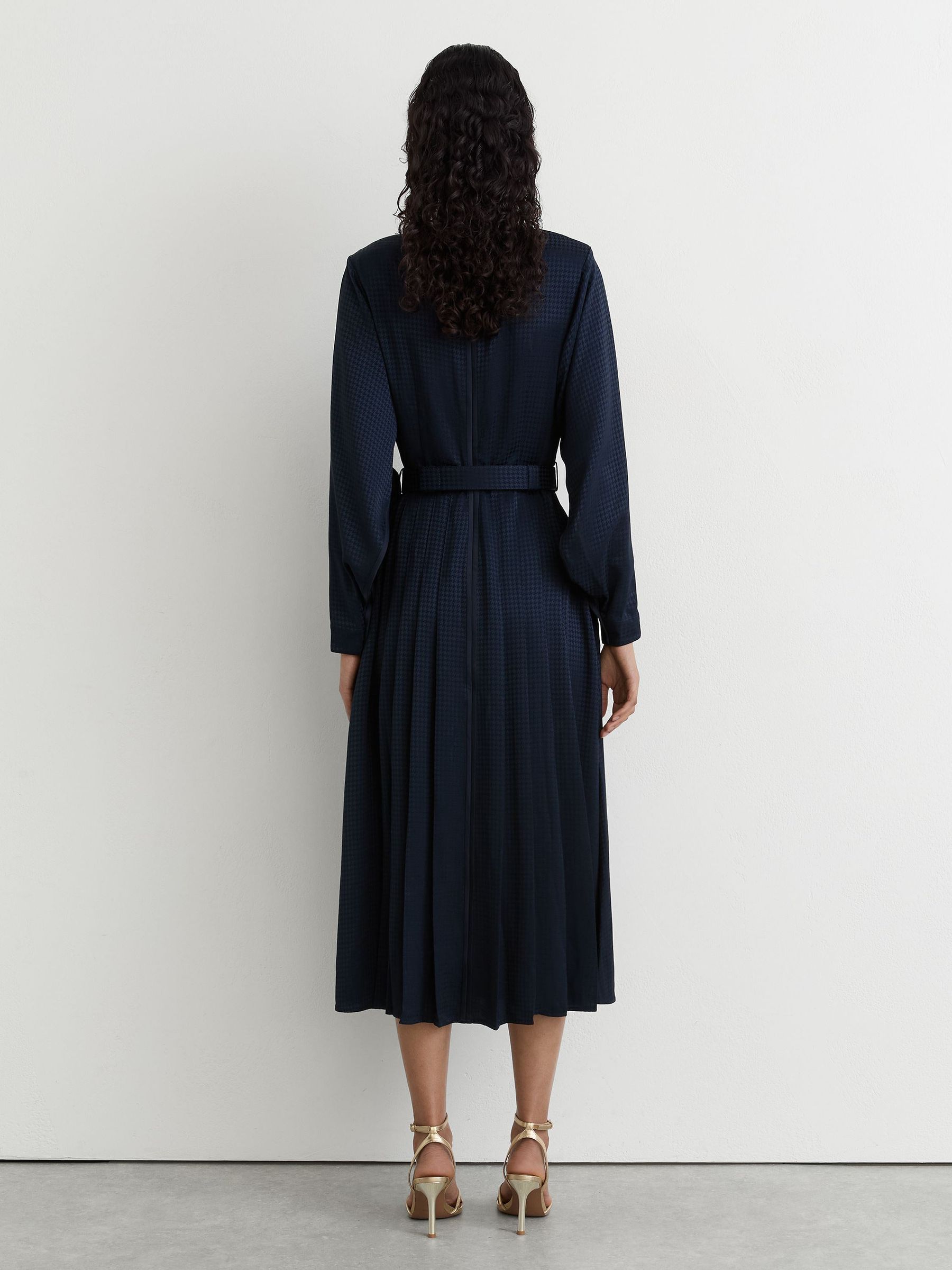 Houndstooth-Check Belted Midi Dress in Navy - Image 7 of 8