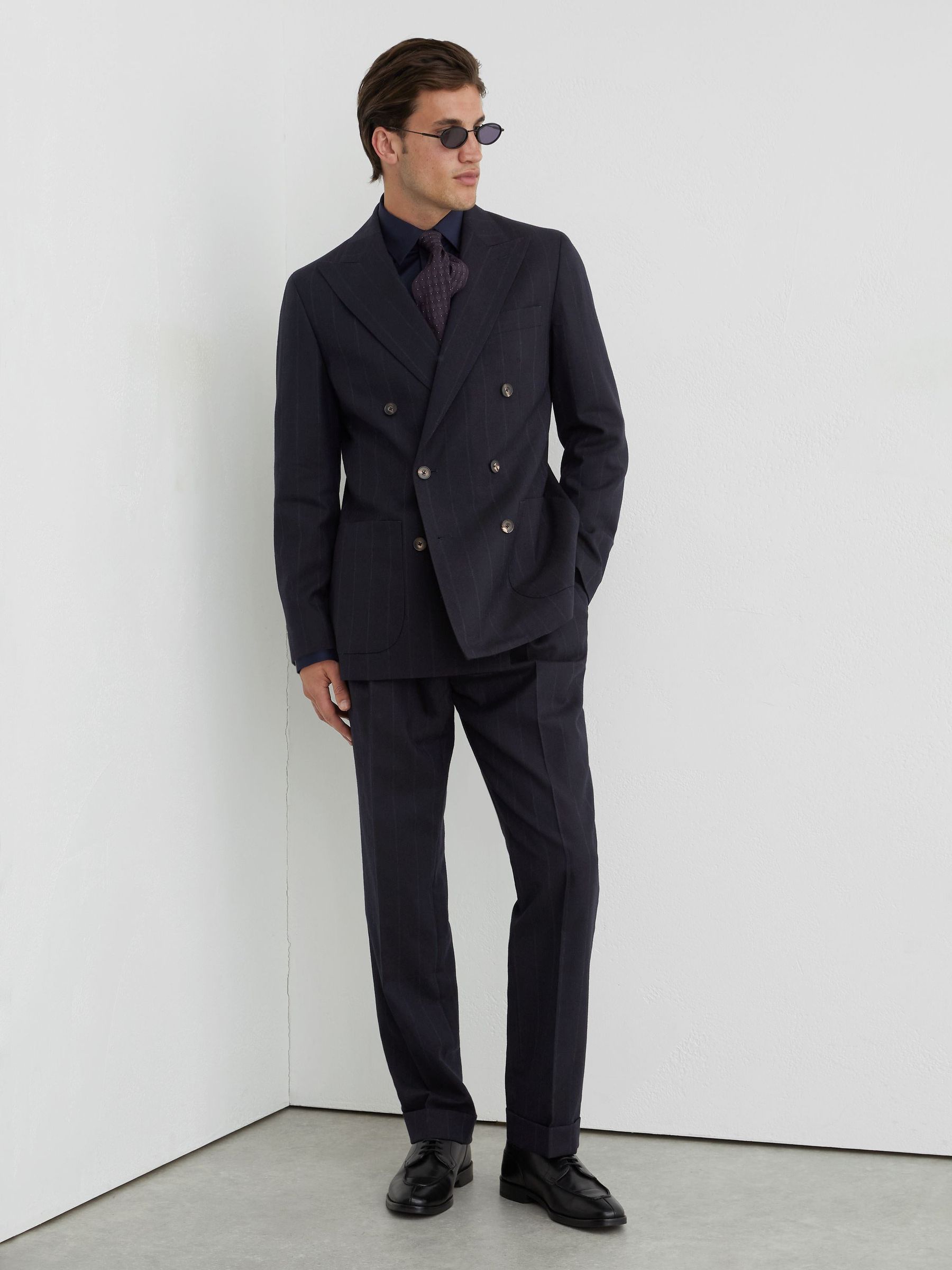 Classic Fit Wool Pinstripe Suit Trousers in Navy - Image 3 of 7