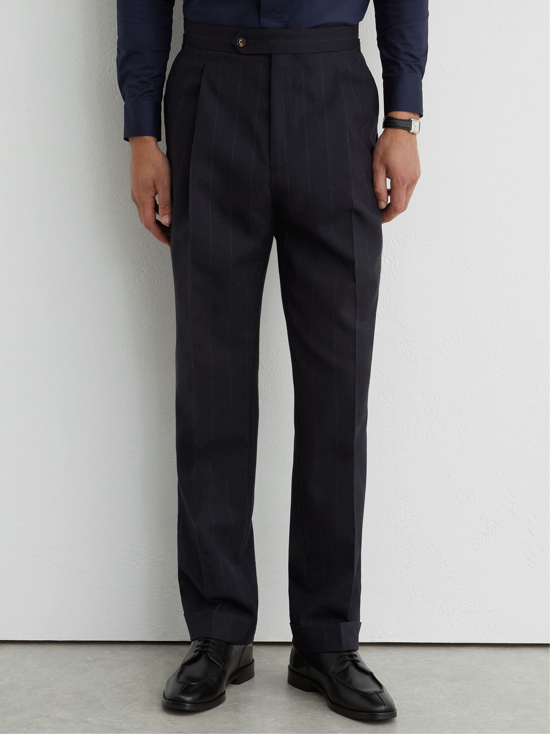 Classic Fit Wool Pinstripe Suit Trousers in Navy - Image 4 of 7