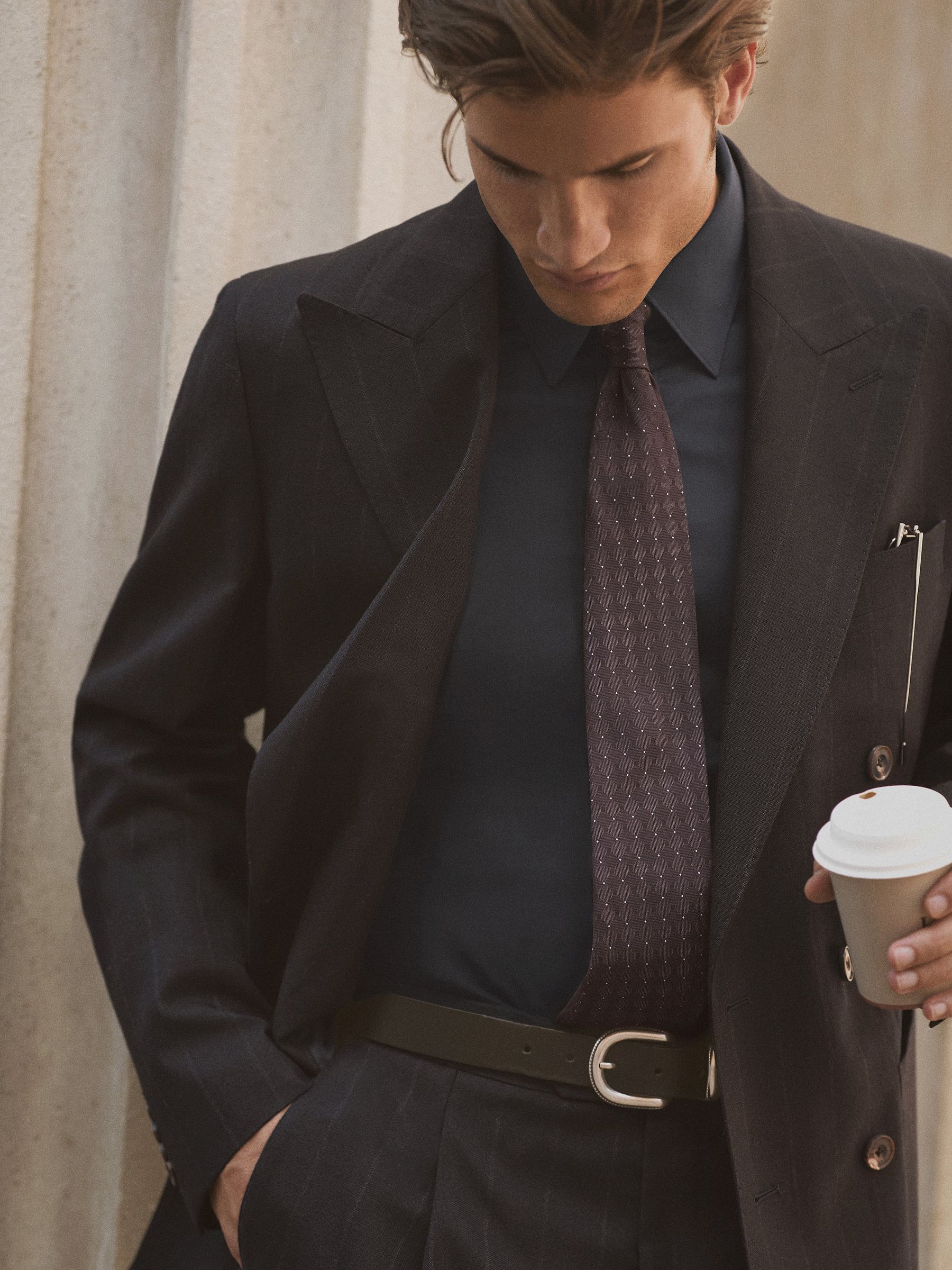 Classic Fit Wool Double-Breasted Pinstripe Suit Blazer in Navy - Image 1 of 9
