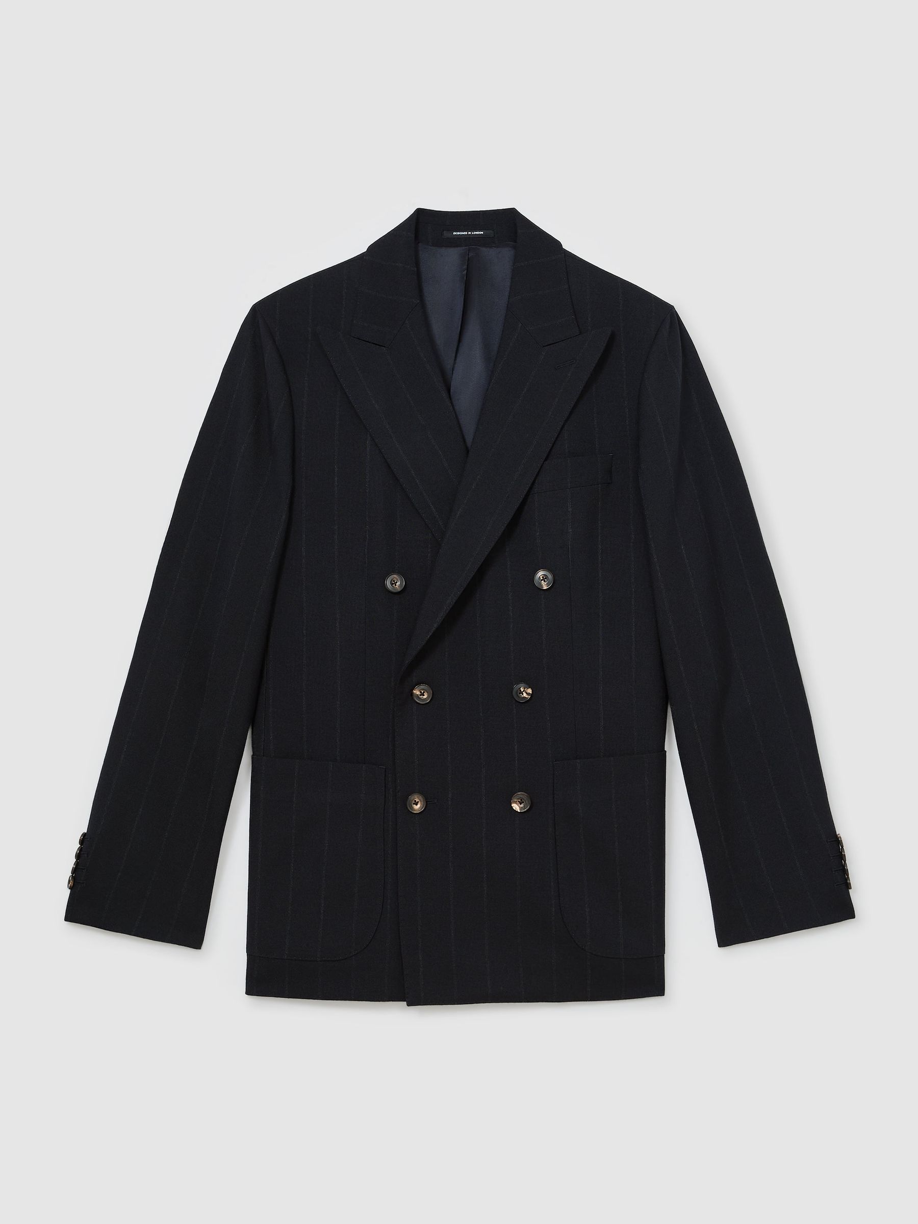 Classic Fit Wool Double-Breasted Pinstripe Suit Blazer in Navy - Image 2 of 9