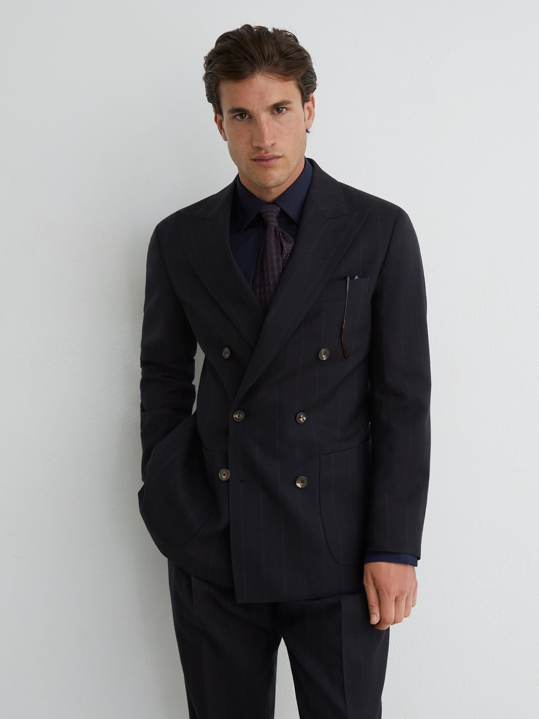 Classic Fit Wool Double-Breasted Pinstripe Suit Blazer in Navy - Image 3 of 9