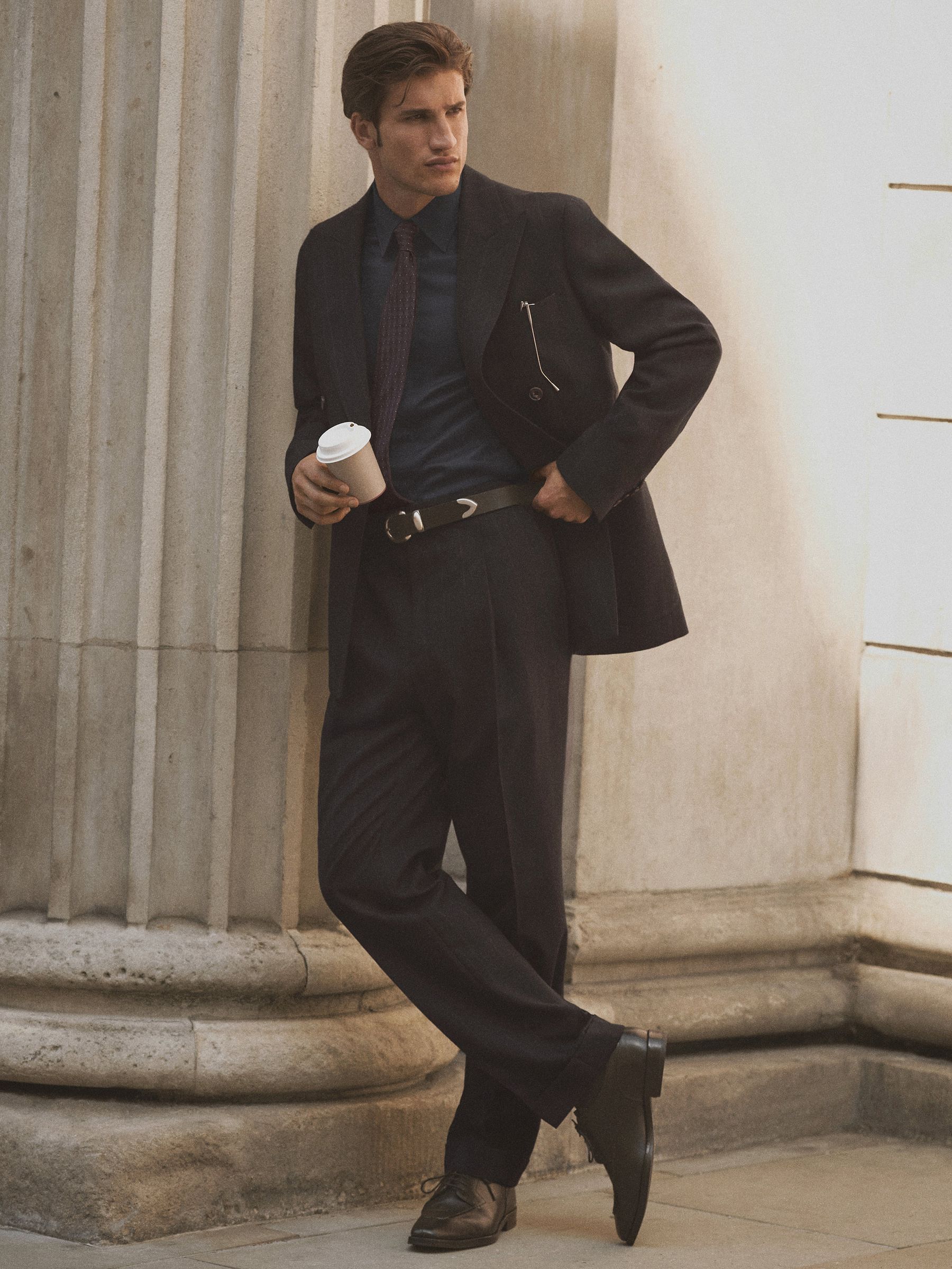 Classic Fit Wool Double-Breasted Pinstripe Suit Blazer in Navy - Image 4 of 9