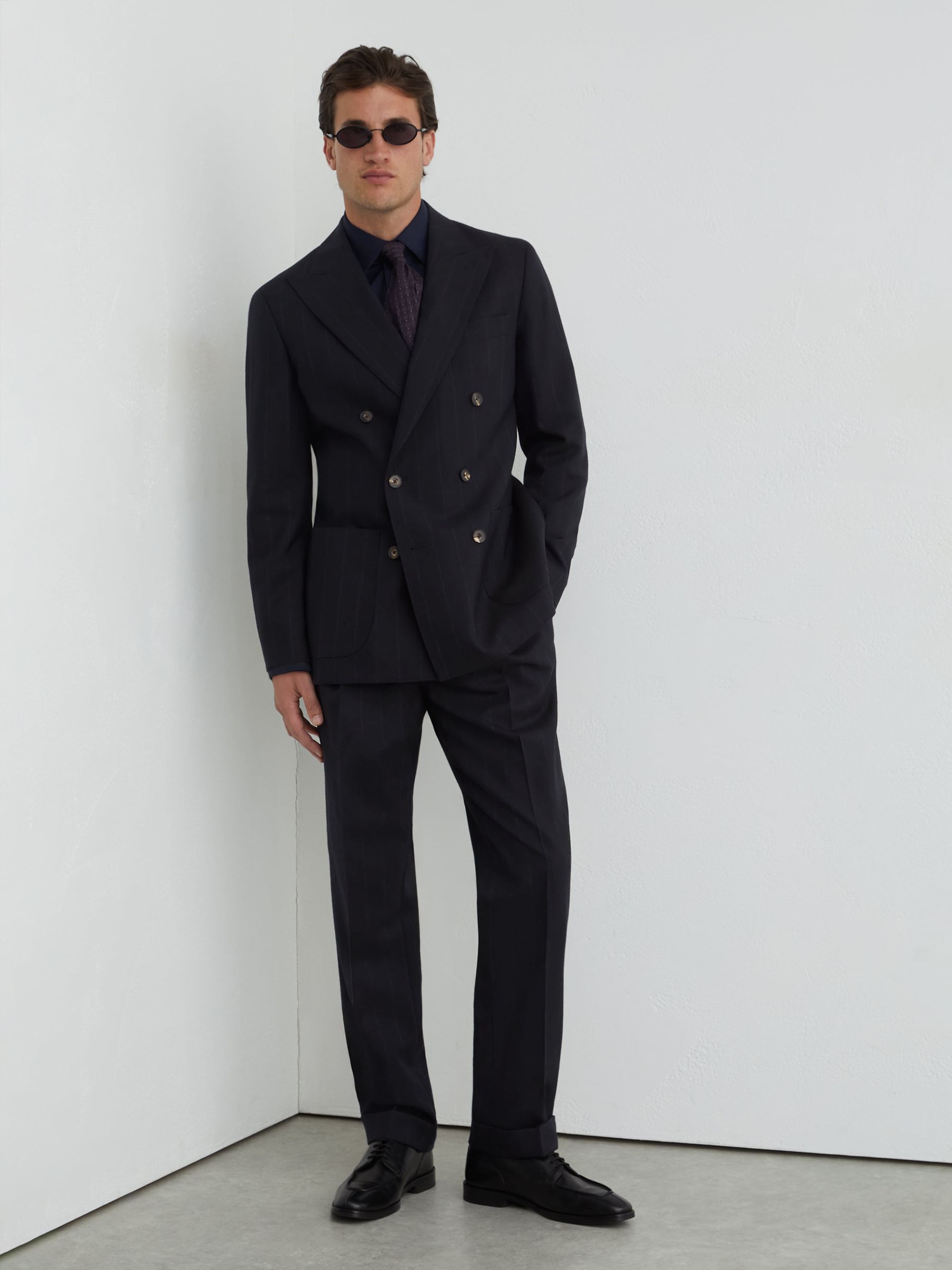 Classic Fit Wool Double-Breasted Pinstripe Suit Blazer in Navy - Image 5 of 9