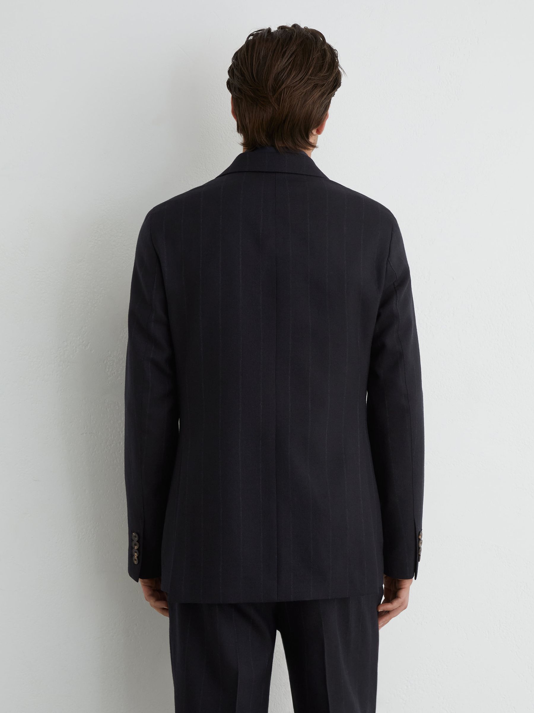 Classic Fit Wool Double-Breasted Pinstripe Suit Blazer in Navy - Image 6 of 9