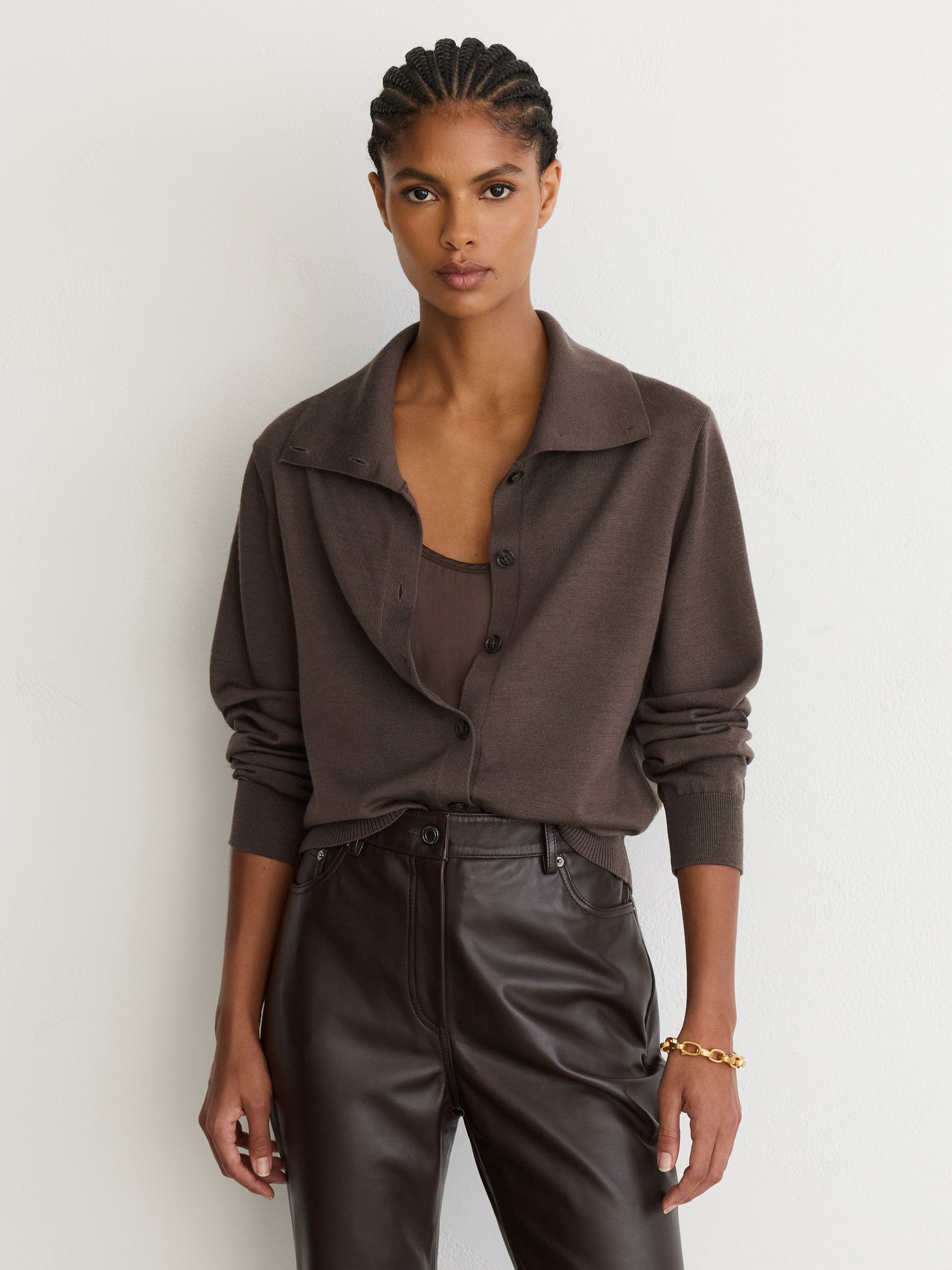 Merino Wool Collared Cardigan in Taupe Neutral - Image 1 of 7