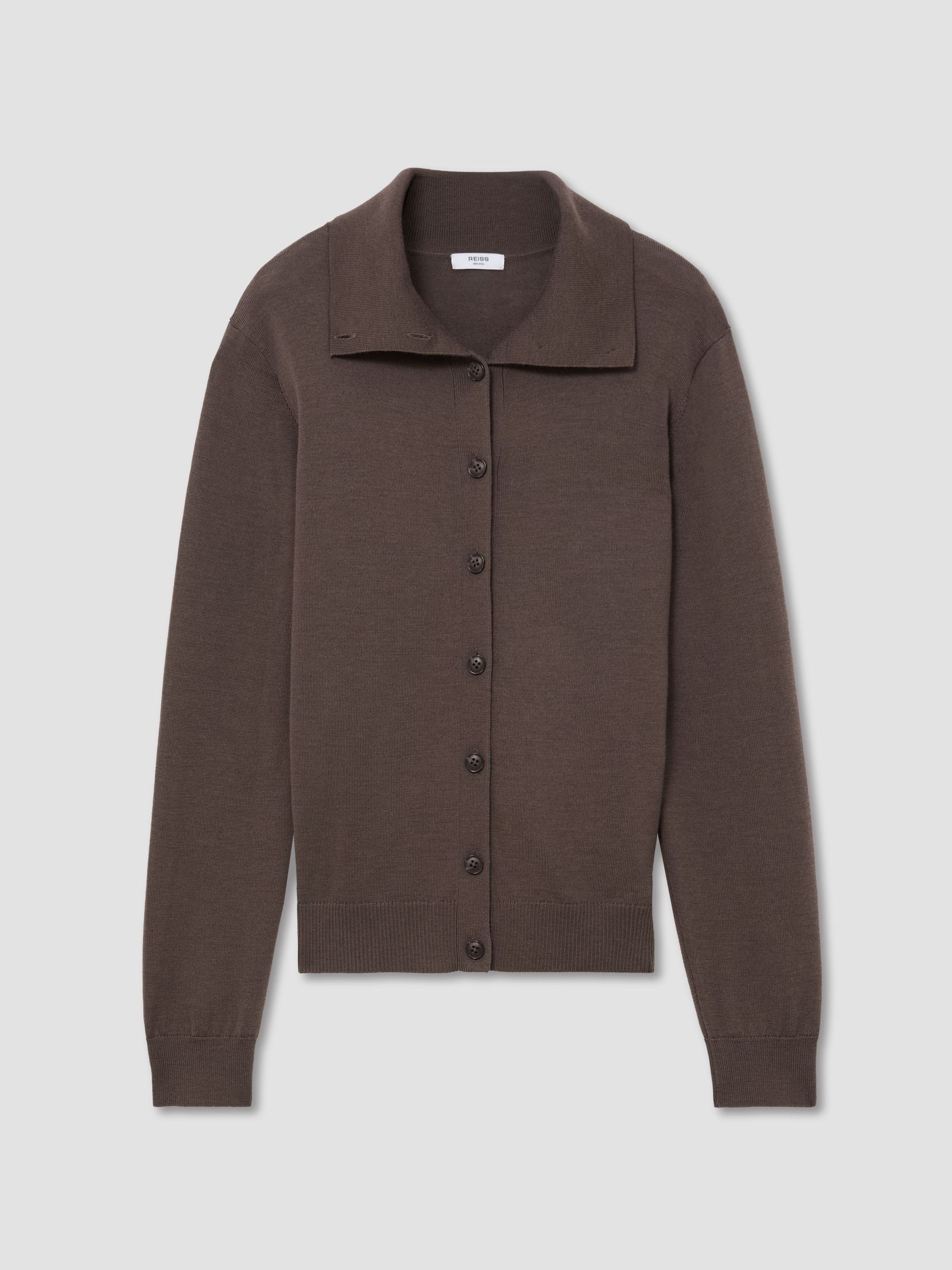 Merino Wool Collared Cardigan in Taupe Neutral - Image 2 of 7