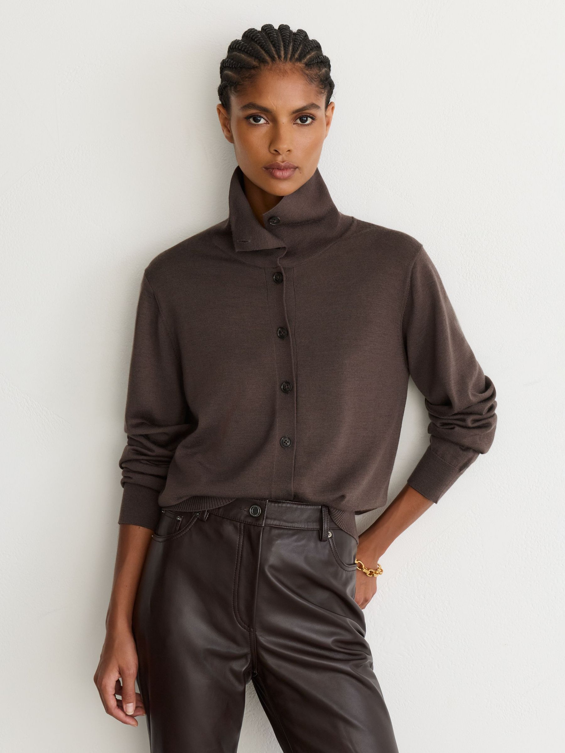 Merino Wool Collared Cardigan in Taupe Neutral - Image 6 of 7