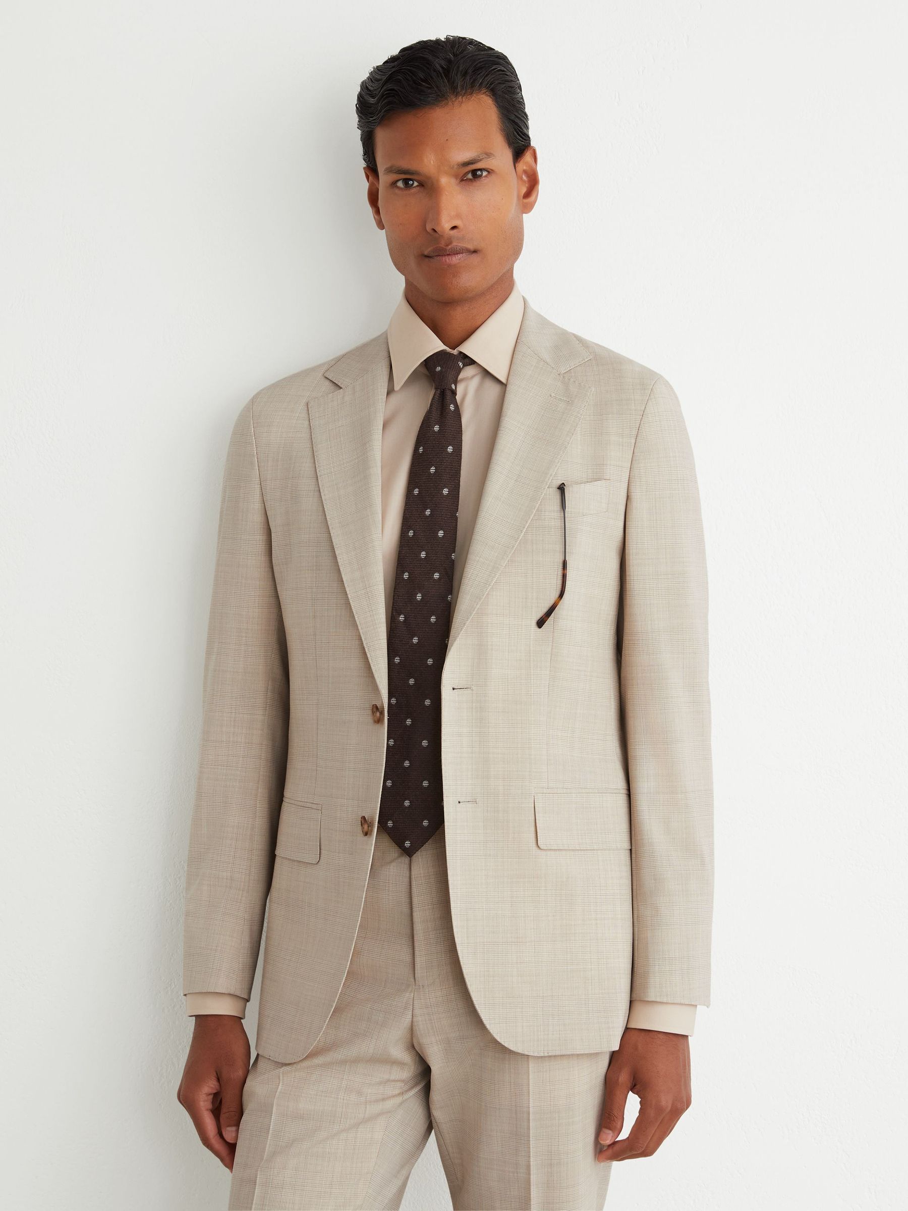 Wool Pin-Check Single-Breasted Suit Blazer Classic-Fit in Oatmeal - Image 1 of 9