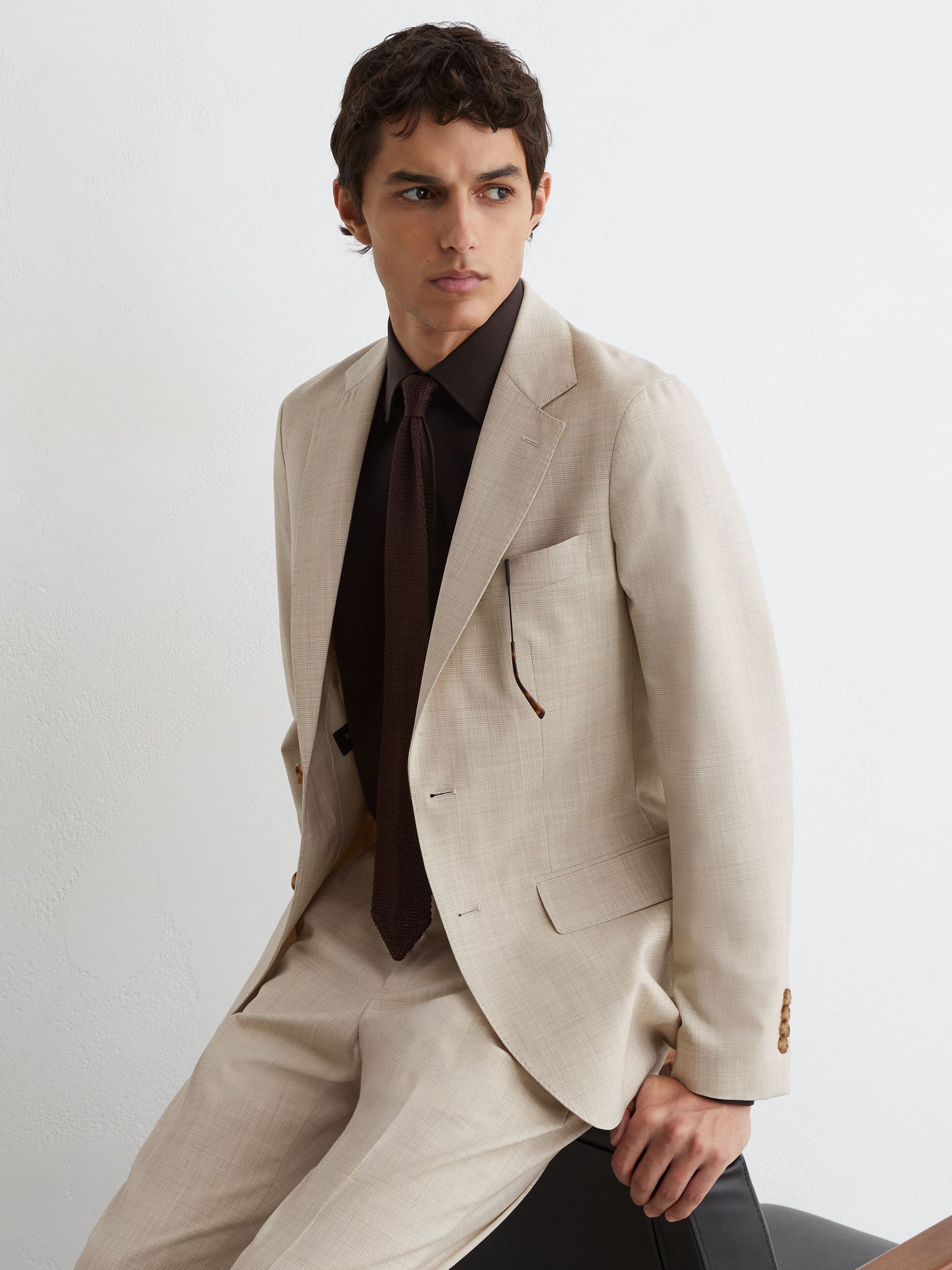 Wool Pin-Check Single-Breasted Suit Blazer Classic-Fit in Oatmeal - Image 4 of 9