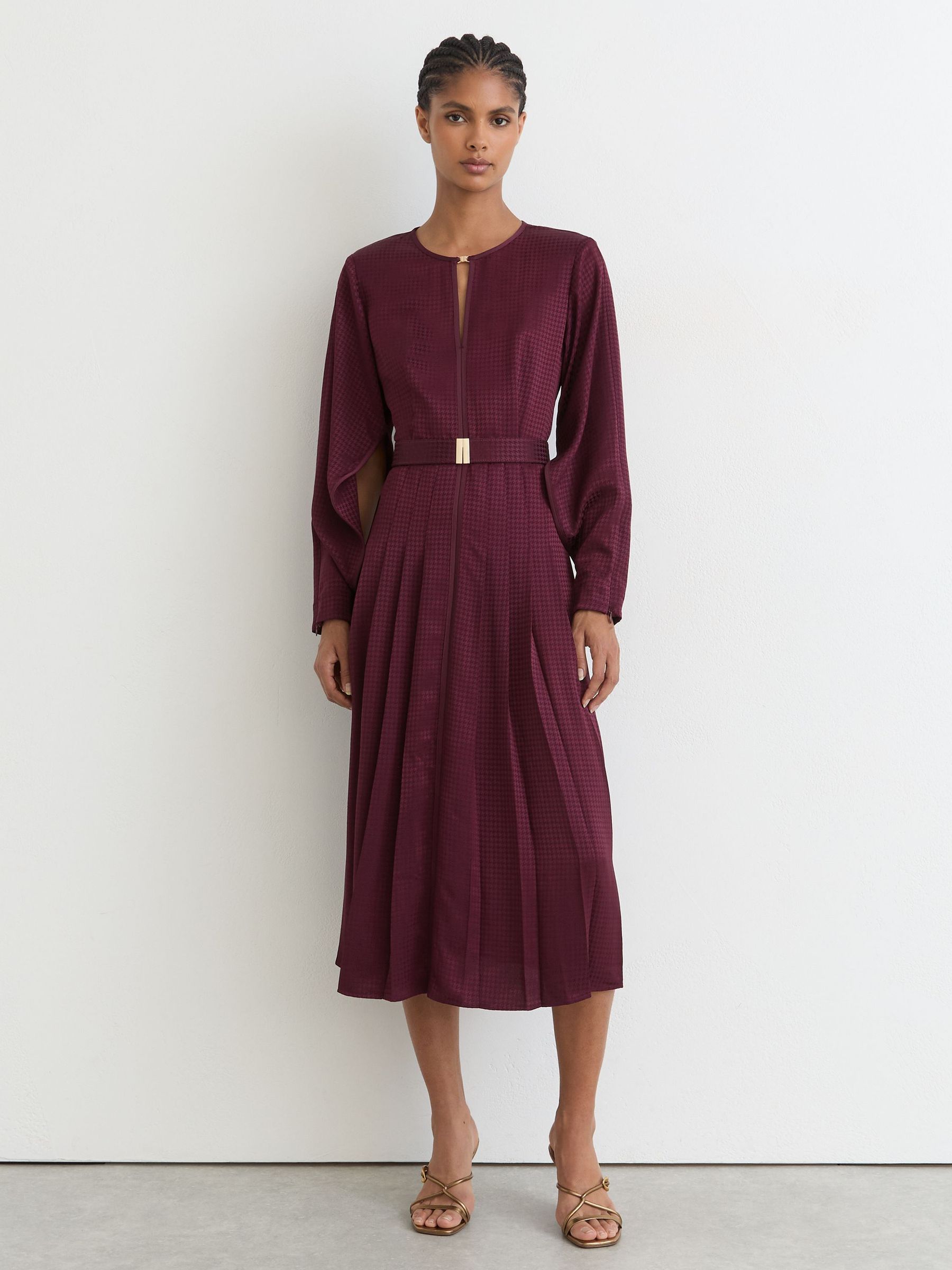 Houndstooth-Check Belted Midi Dress in Berry Red - Image 1 of 7