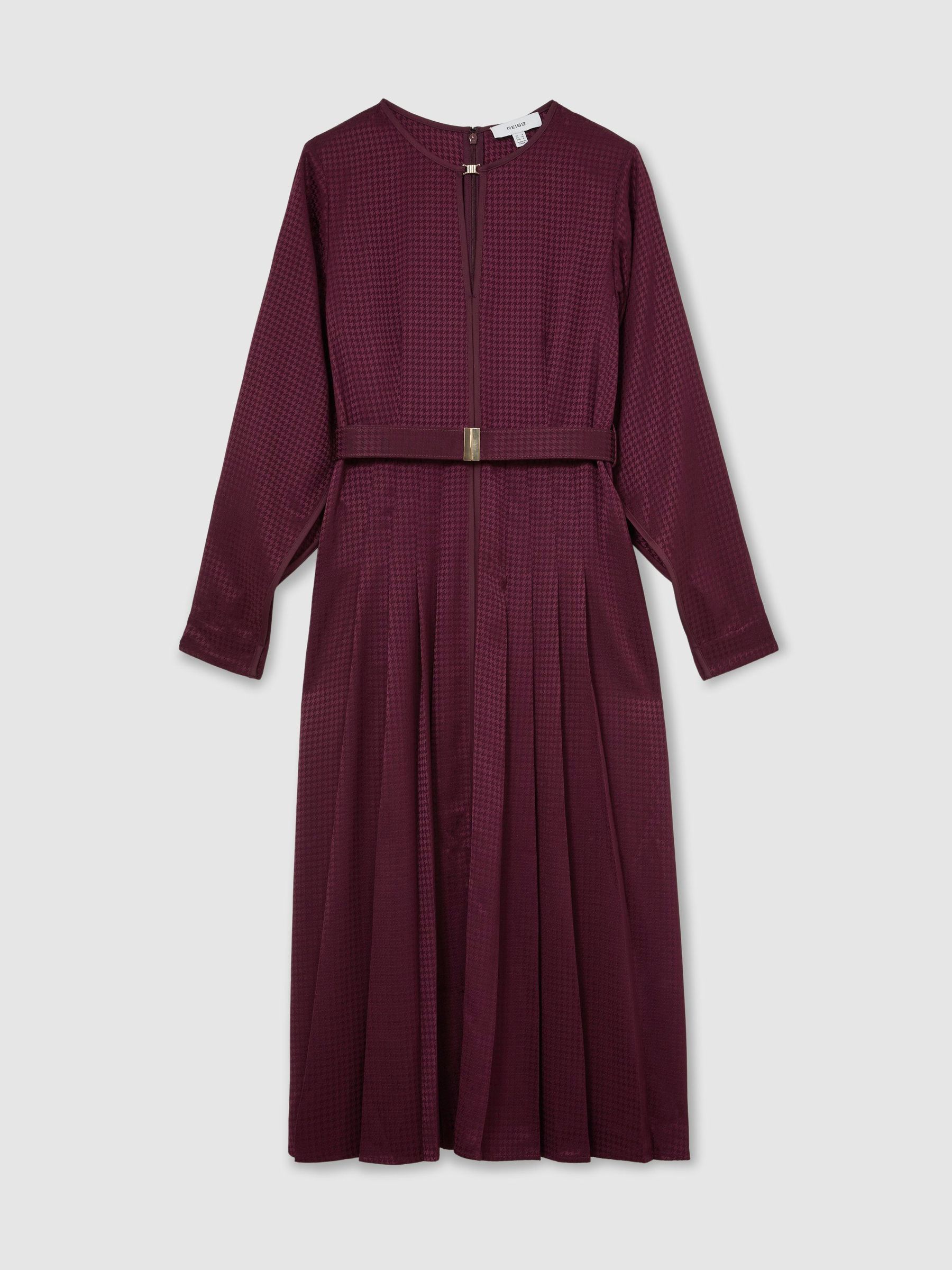 Houndstooth-Check Belted Midi Dress in Berry Red - Image 2 of 7