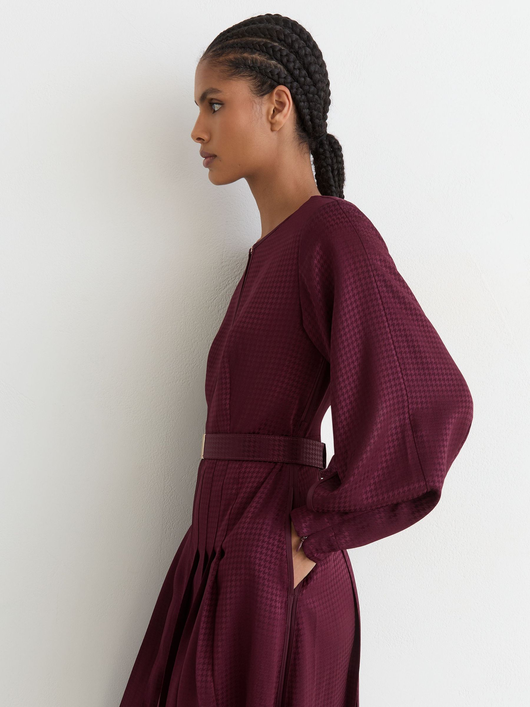 Houndstooth-Check Belted Midi Dress in Berry Red - Image 3 of 7