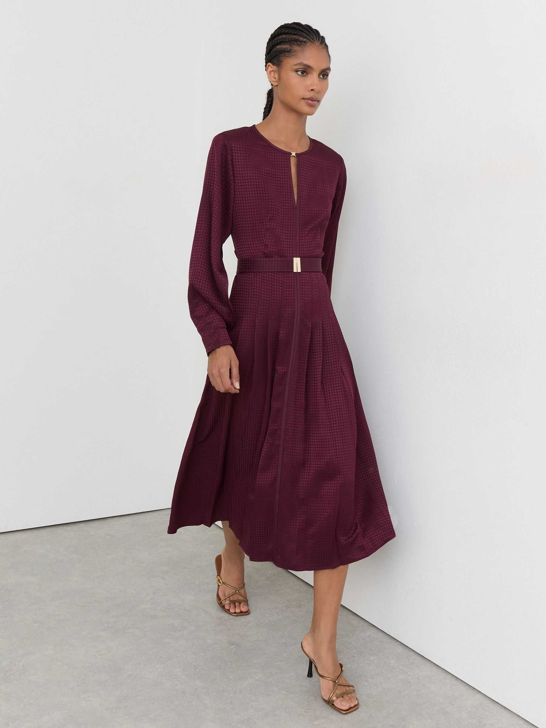 Houndstooth-Check Belted Midi Dress in Berry Red - Image 5 of 7