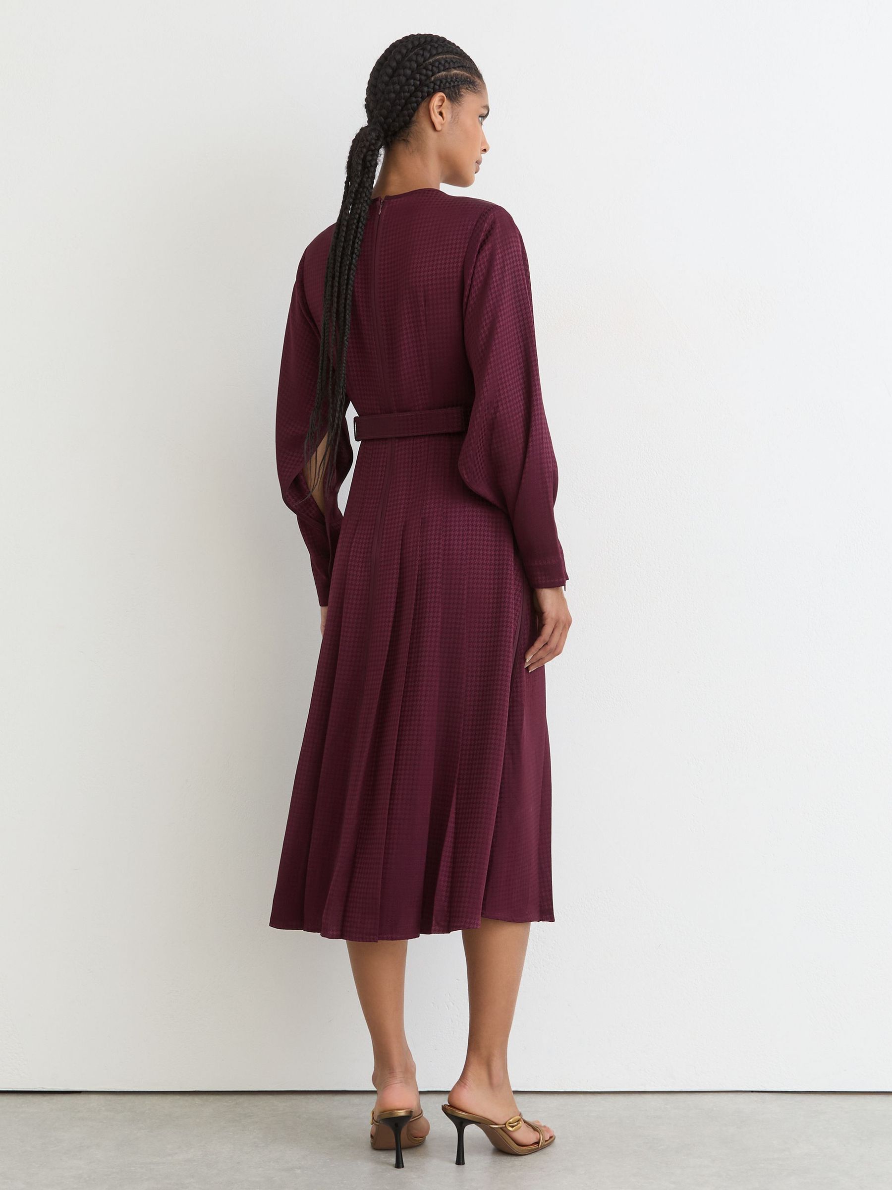 Houndstooth-Check Belted Midi Dress in Berry Red - Image 6 of 7