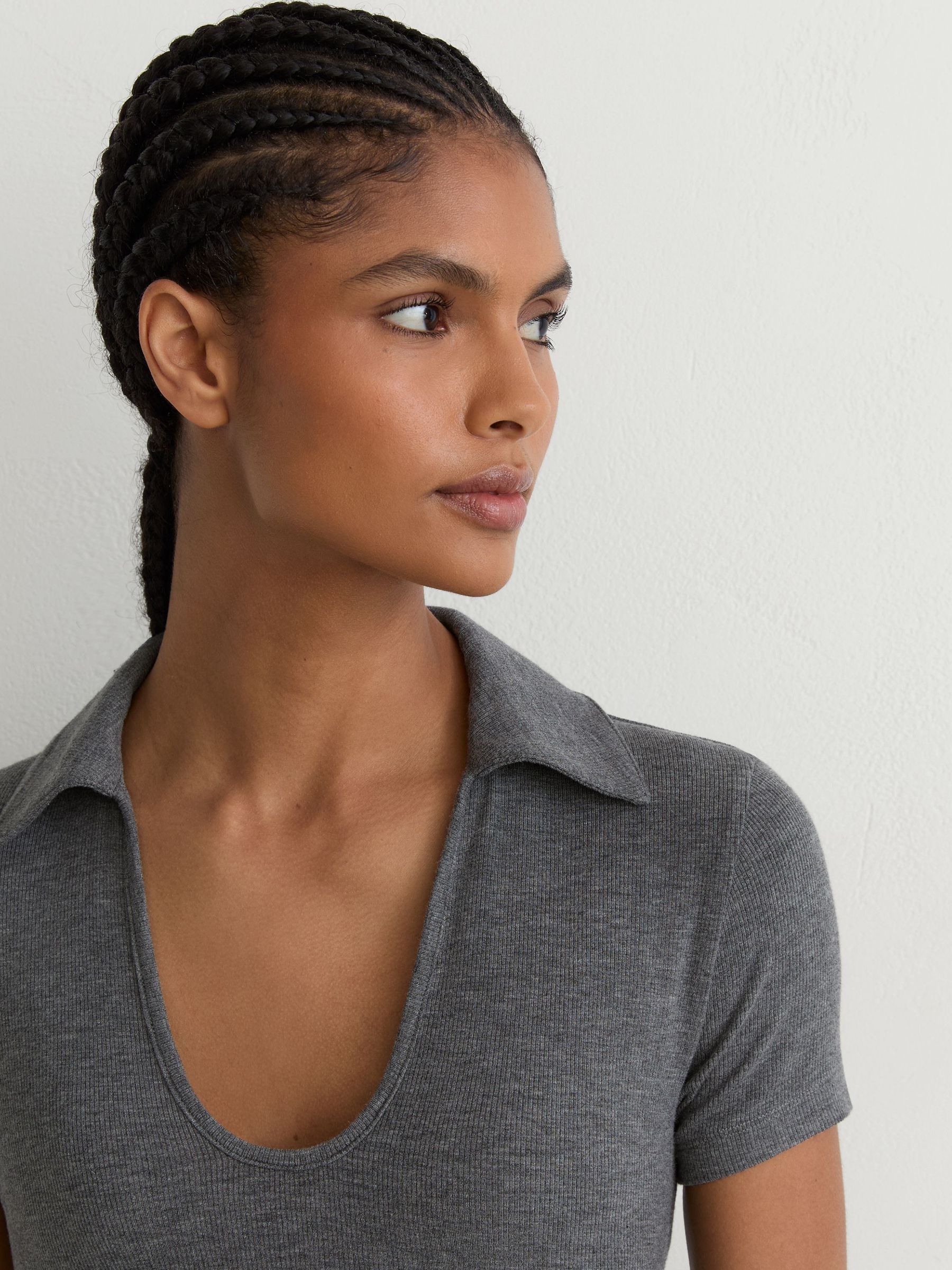 Scoop-Neck Jersey Polo Top in Grey Marl - Image 1 of 6 Scoop-Neck Jersey Polo Top in Grey Marl - Image 1 of 6