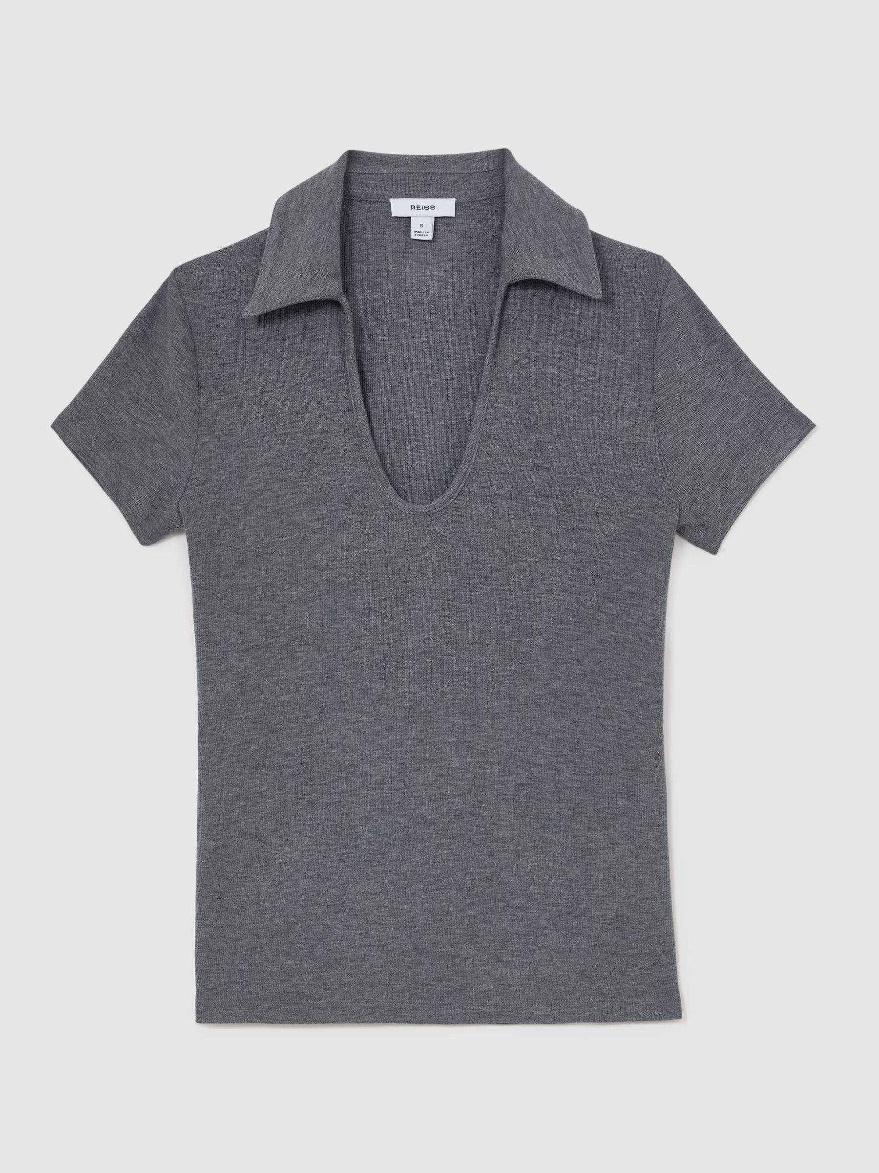 Scoop-Neck Jersey Polo Top in Grey Marl - Image 2 of 6 Scoop-Neck Jersey Polo Top in Grey Marl - Image 2 of 6