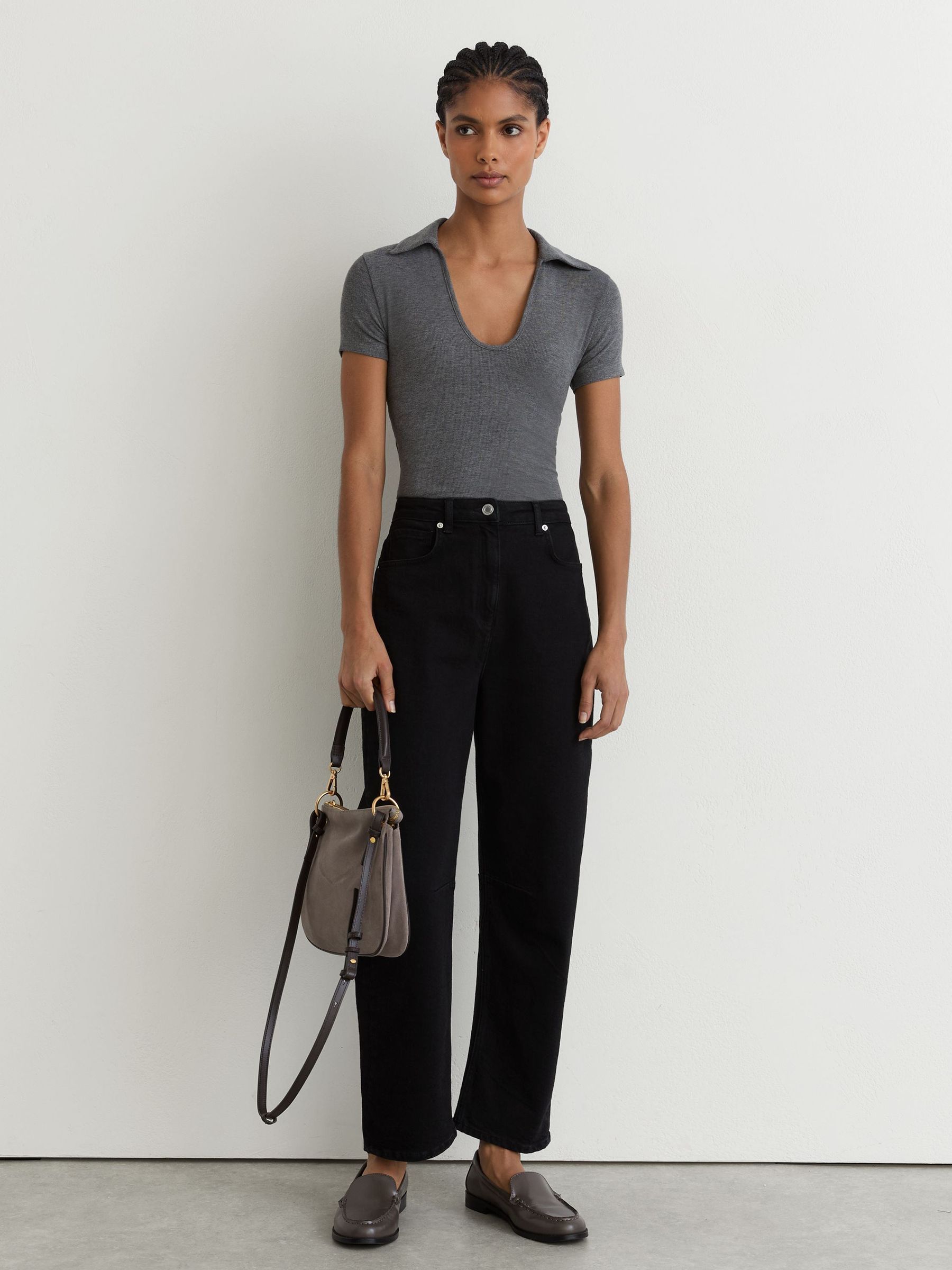 Scoop-Neck Jersey Polo Top in Grey Marl - Image 3 of 6