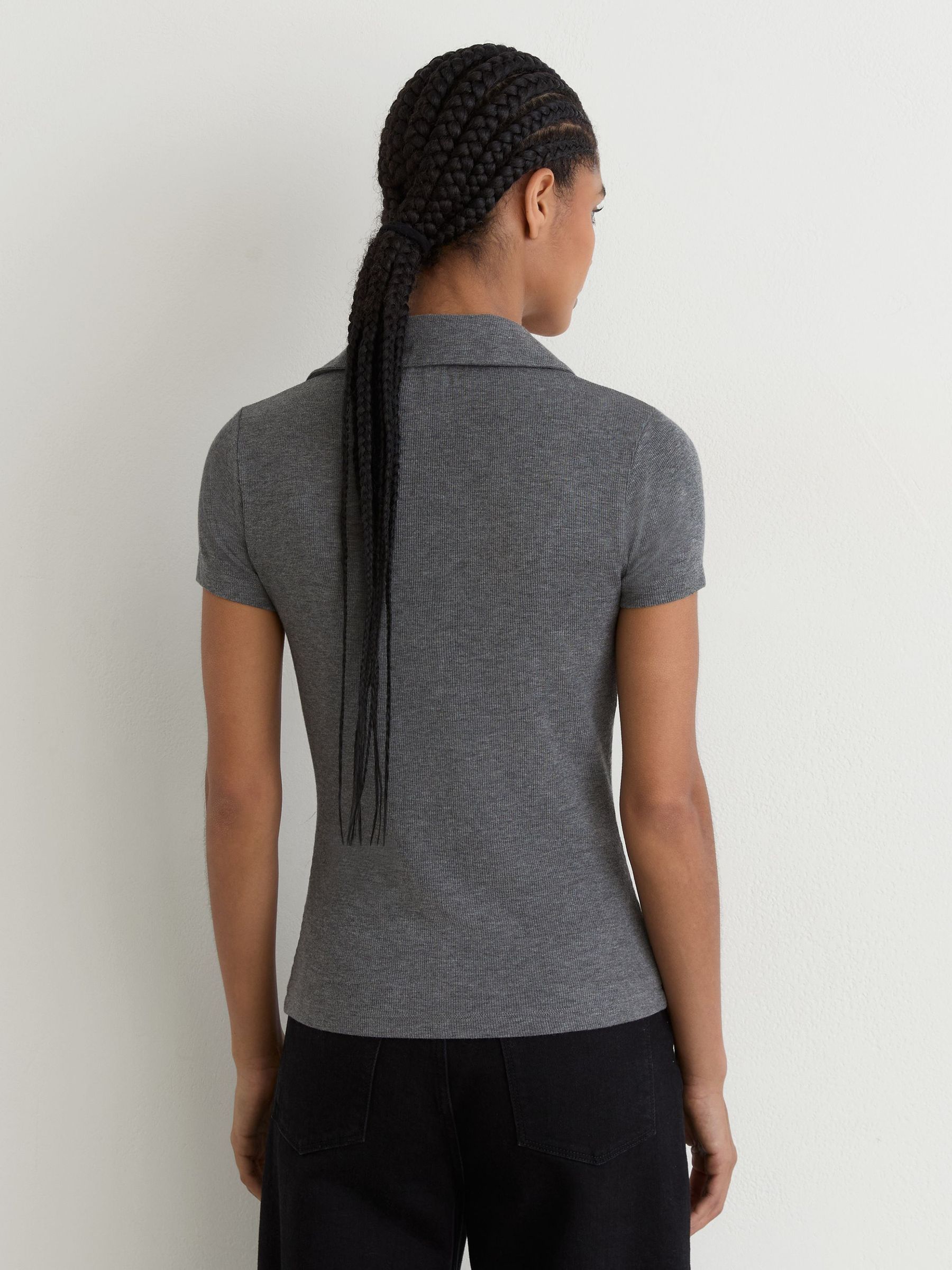 Scoop-Neck Jersey Polo Top in Grey Marl - Image 4 of 6