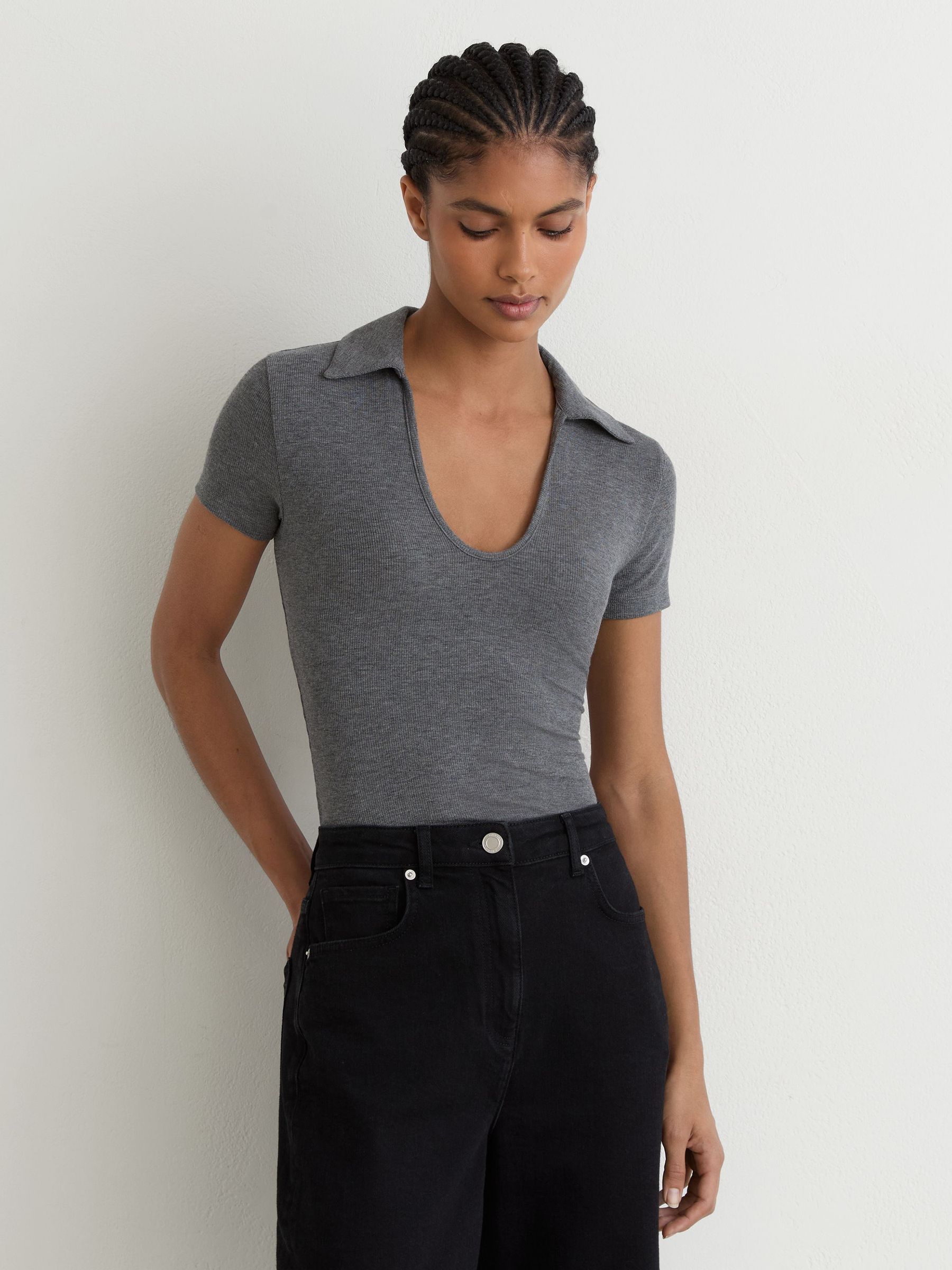 Scoop-Neck Jersey Polo Top in Grey Marl - Image 5 of 6