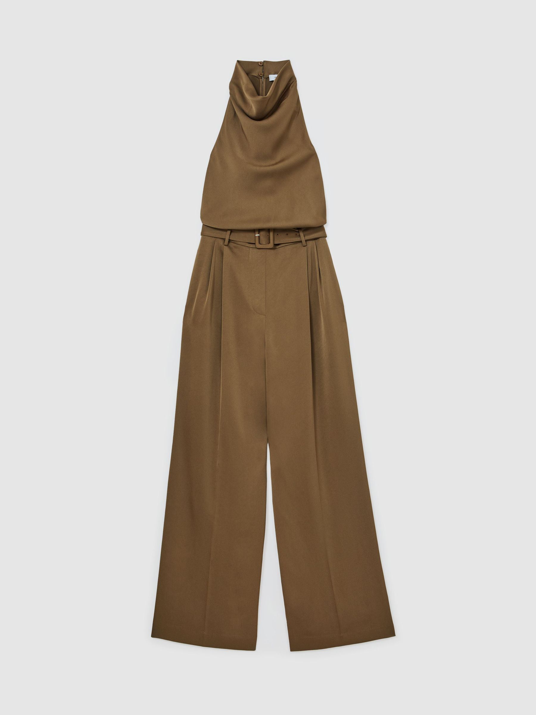 Satin Cowl-Neck Wide-Leg Jumpsuit in Khaki Green - Billede 2 af 7