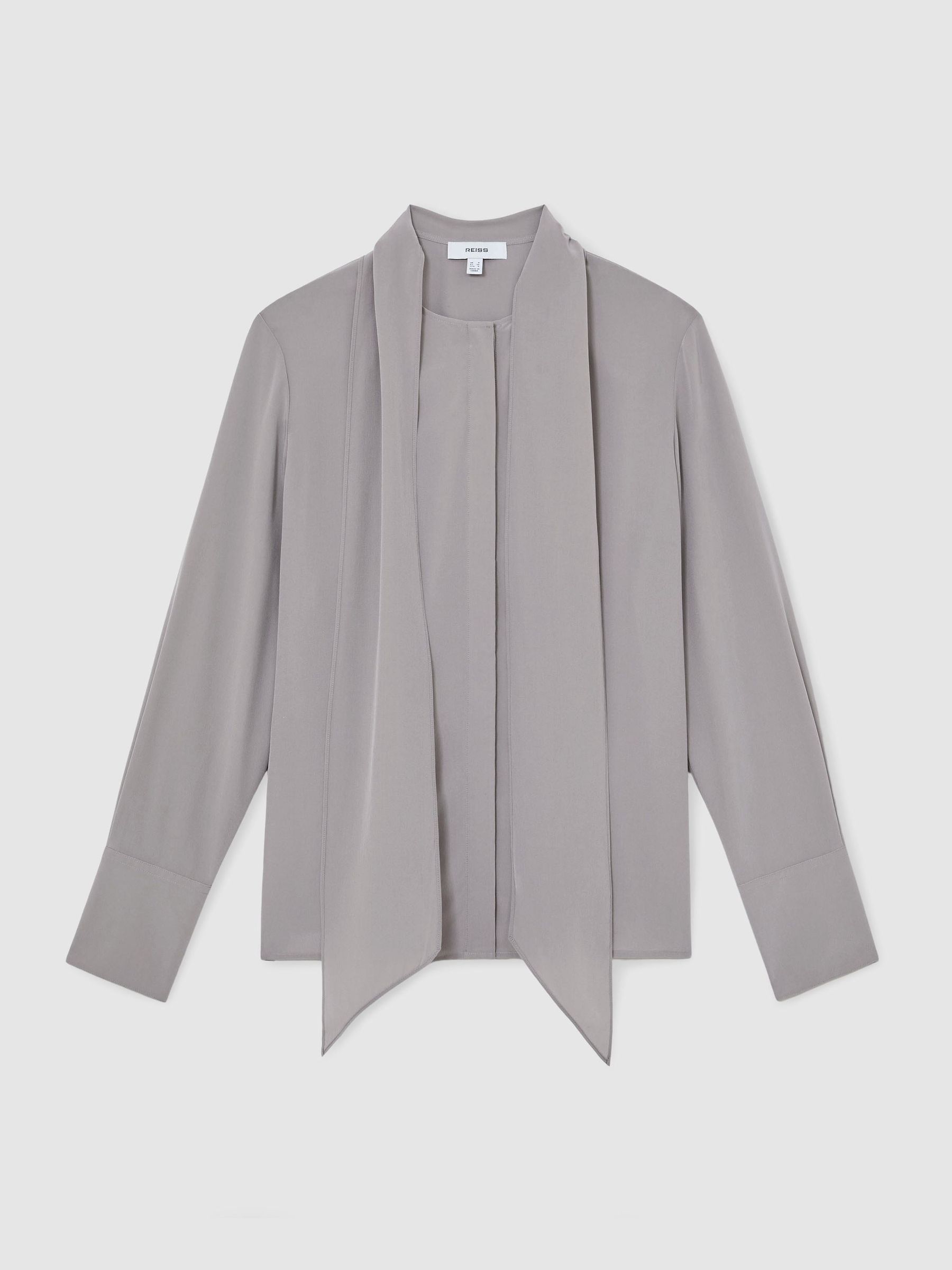 Matte-Silk Tie-Neck Blouse in Grey - Image 2 of 9 Matte-Silk Tie-Neck Blouse in Grey - Image 2 of 9