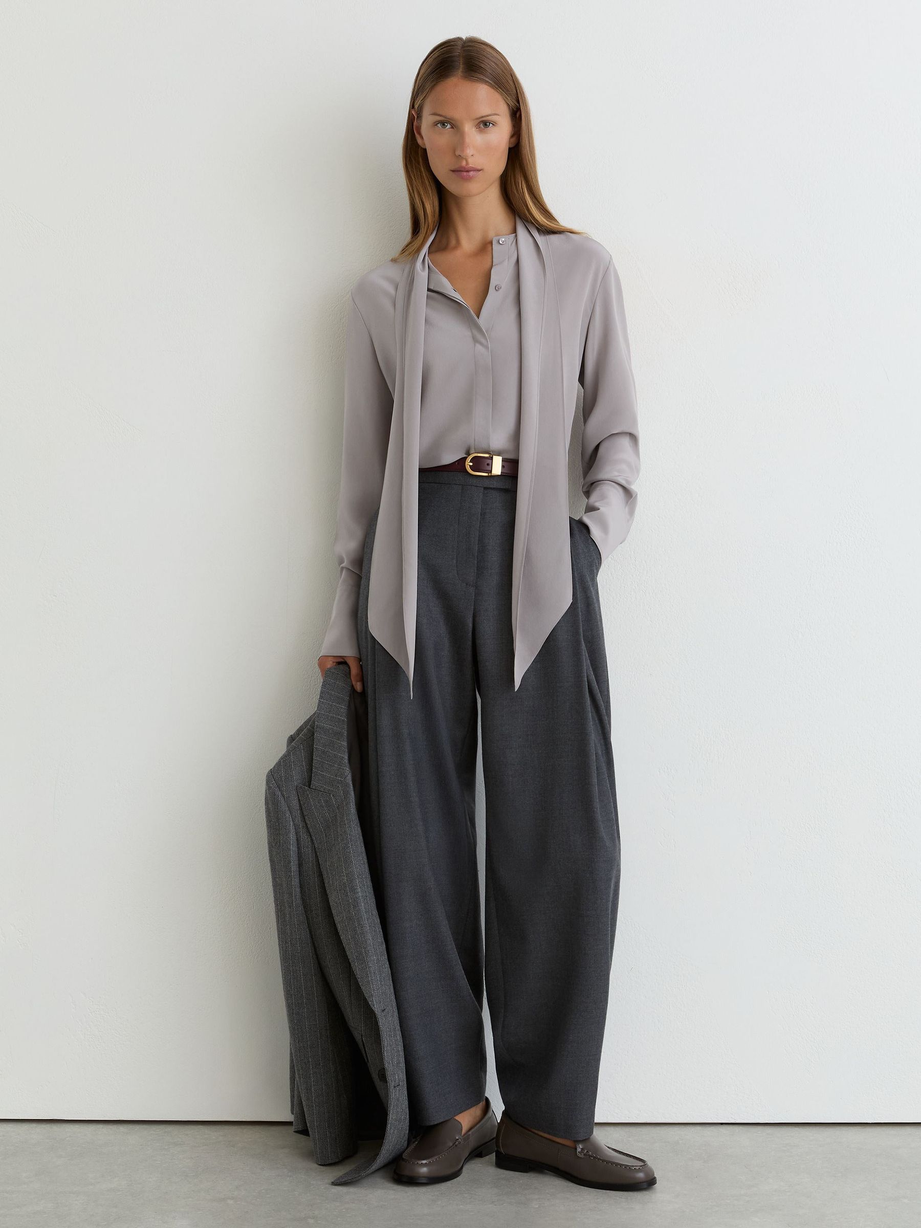 Matte-Silk Tie-Neck Blouse in Grey - Image 3 of 9
