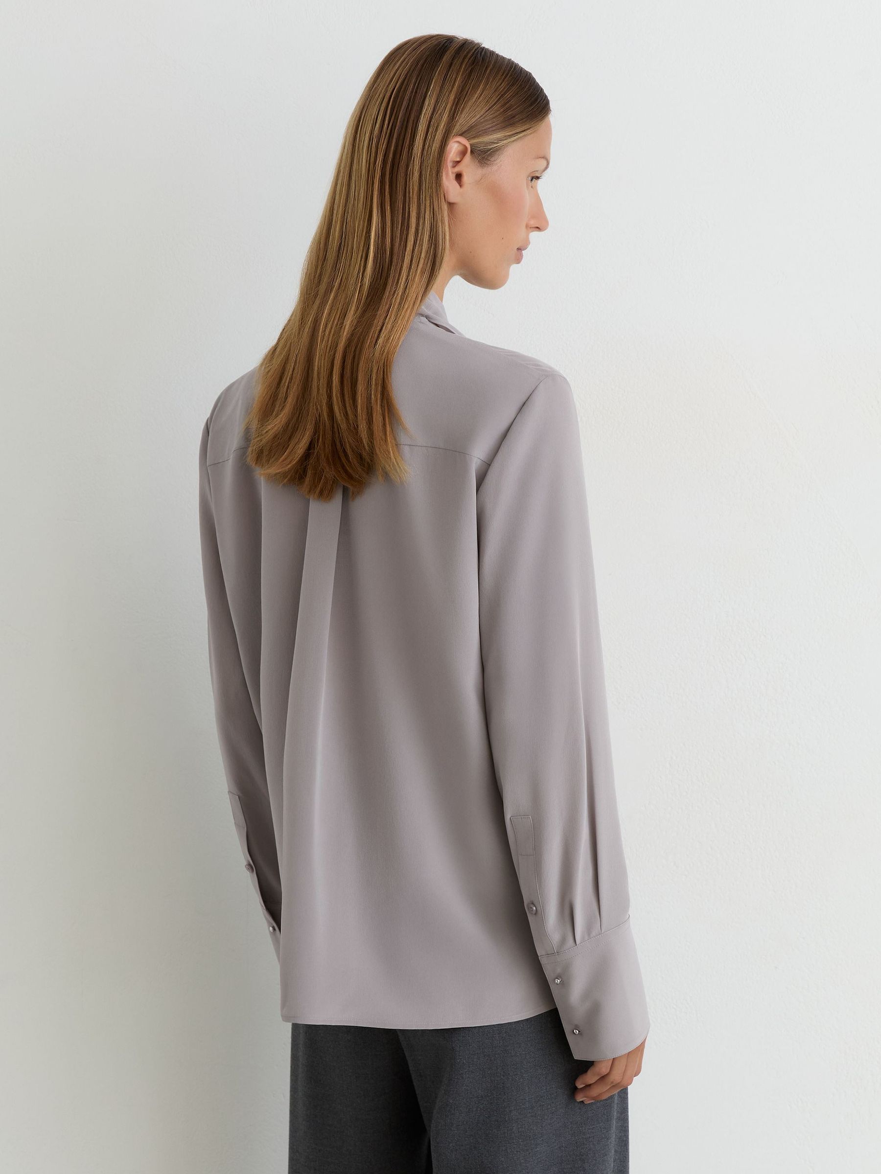 Matte-Silk Tie-Neck Blouse in Grey - Image 5 of 9