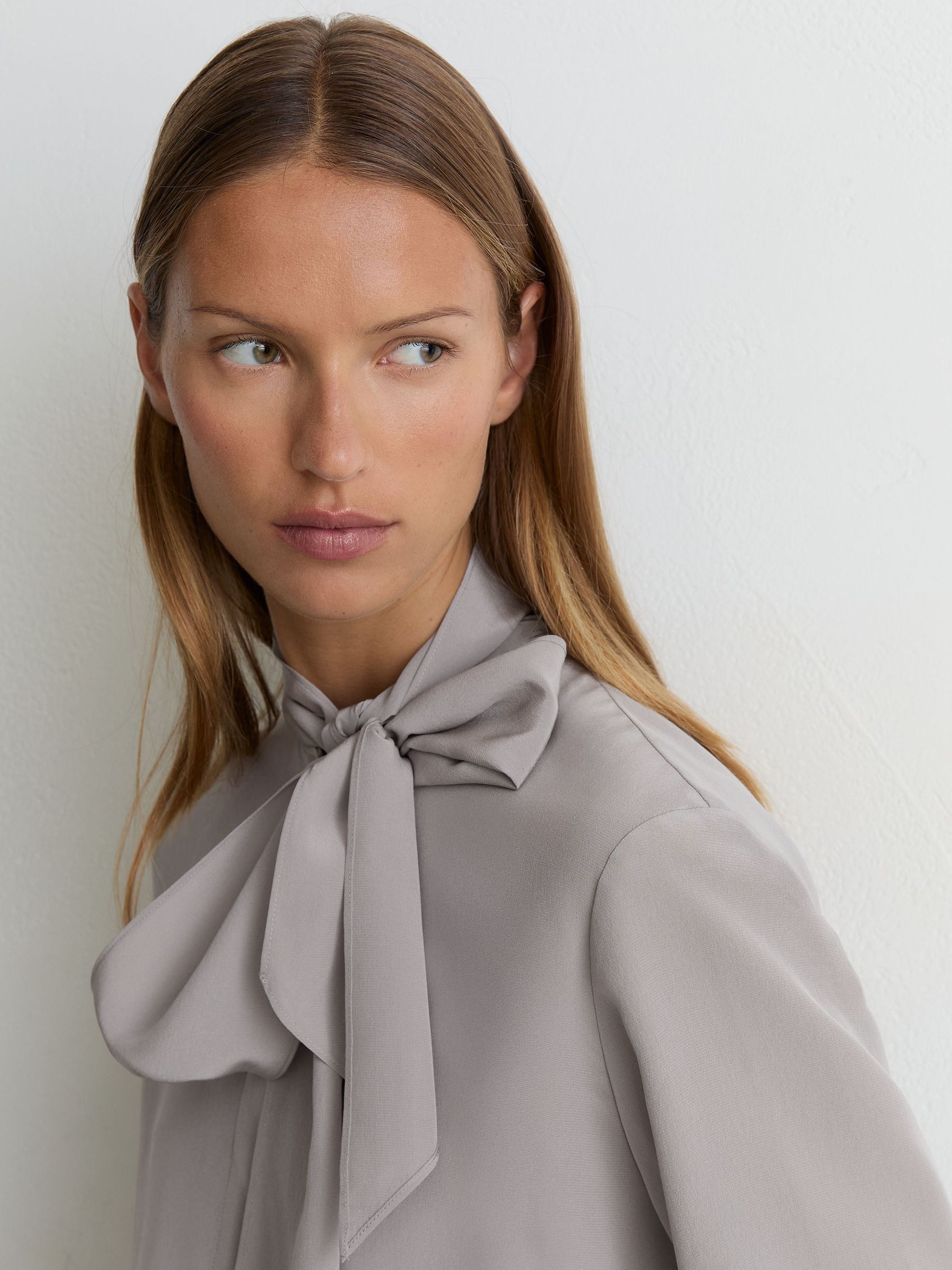 Matte-Silk Tie-Neck Blouse in Grey - Image 6 of 9