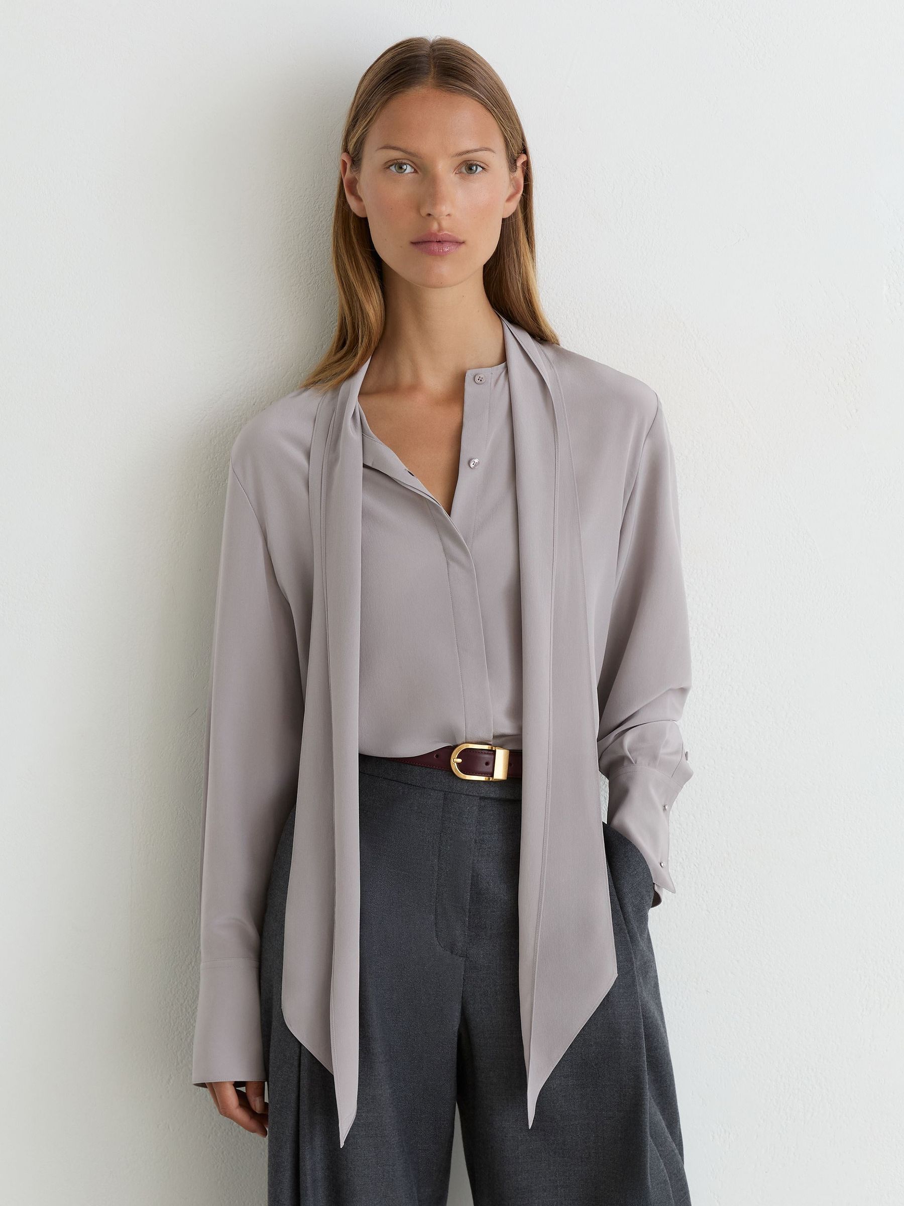 Matte-Silk Tie-Neck Blouse in Grey - Image 7 of 9