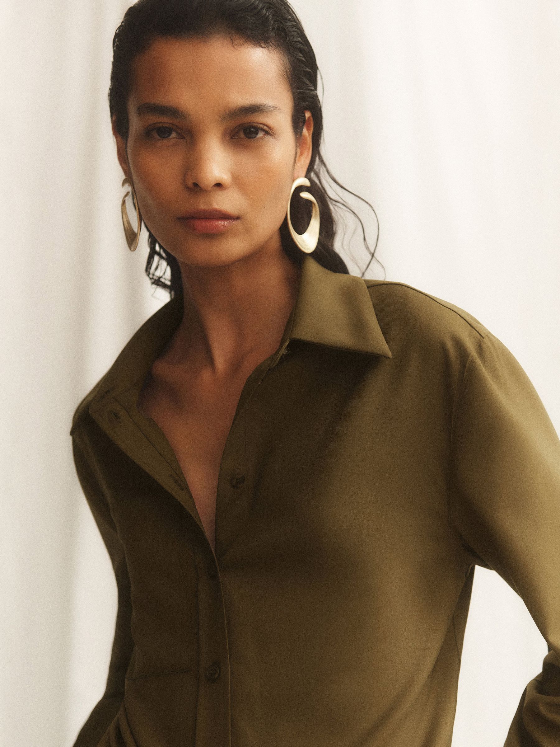Wool-Blend Long-Sleeve Shirt in Khaki Green - Image 1 of 10 Wool-Blend Long-Sleeve Shirt in Khaki Green - Image 1 of 10