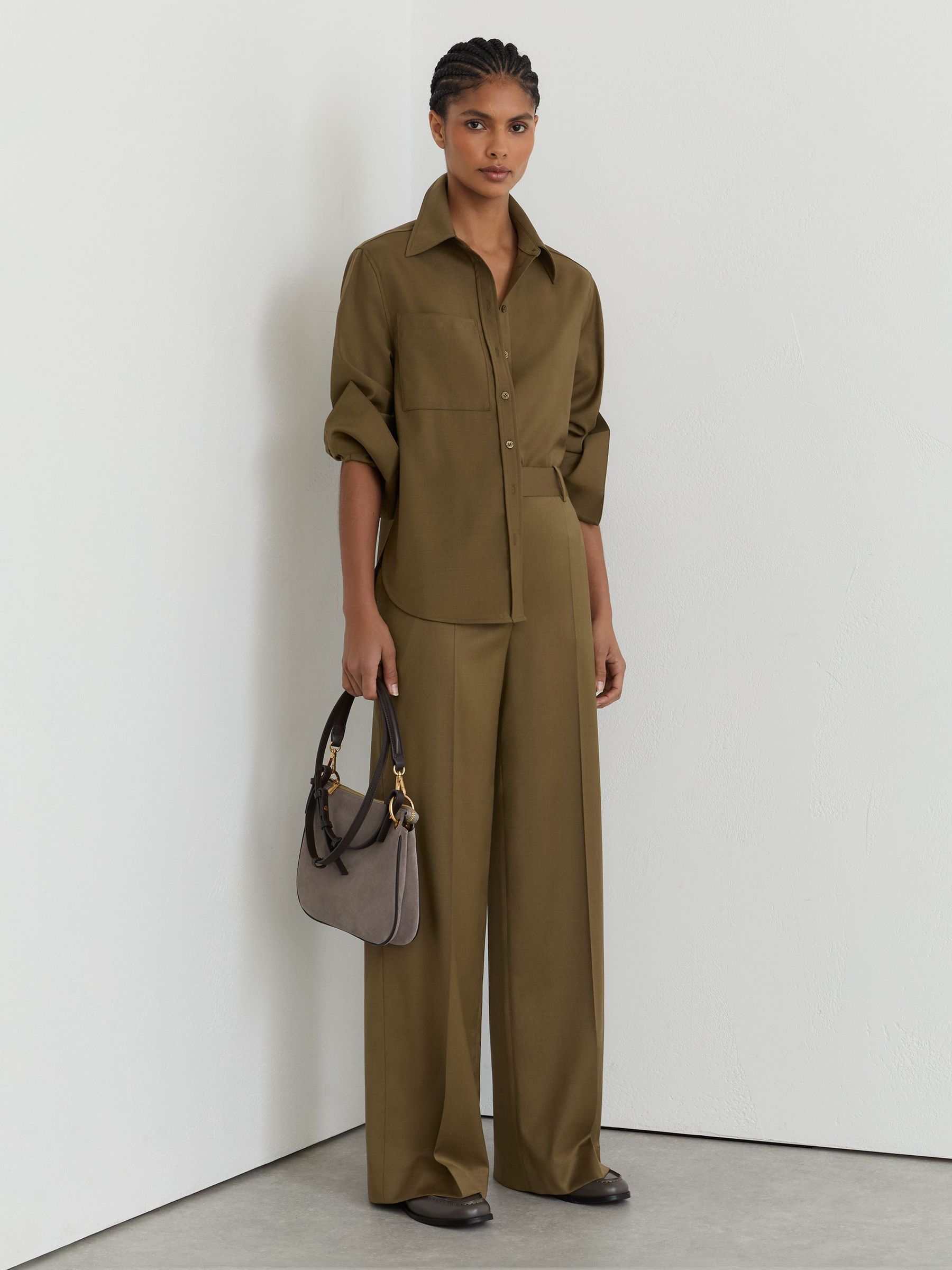 Wool-Blend Long-Sleeve Shirt in Khaki Green - Image 3 of 10