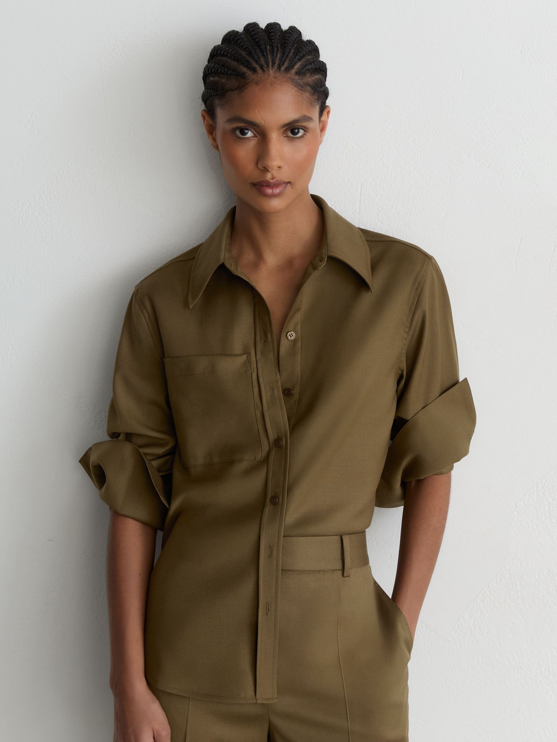 Wool-Blend Long-Sleeve Shirt in Khaki Green - Image 5 of 10