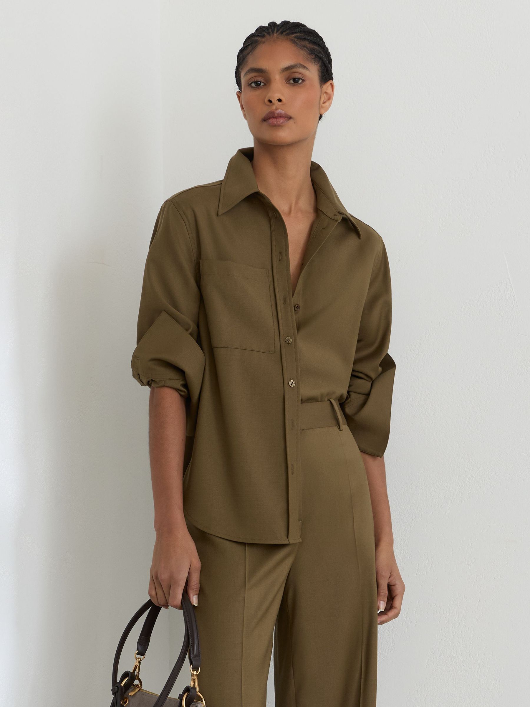 Wool-Blend Long-Sleeve Shirt in Khaki Green - Image 7 of 10