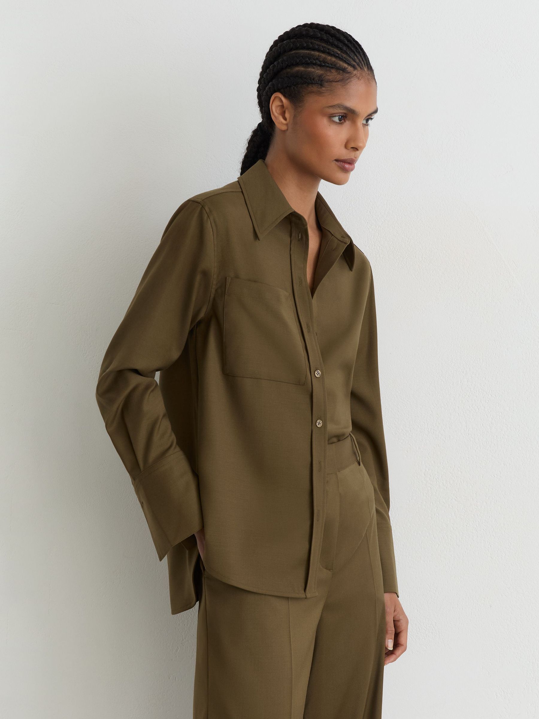 Wool-Blend Long-Sleeve Shirt in Khaki Green - Image 8 of 10