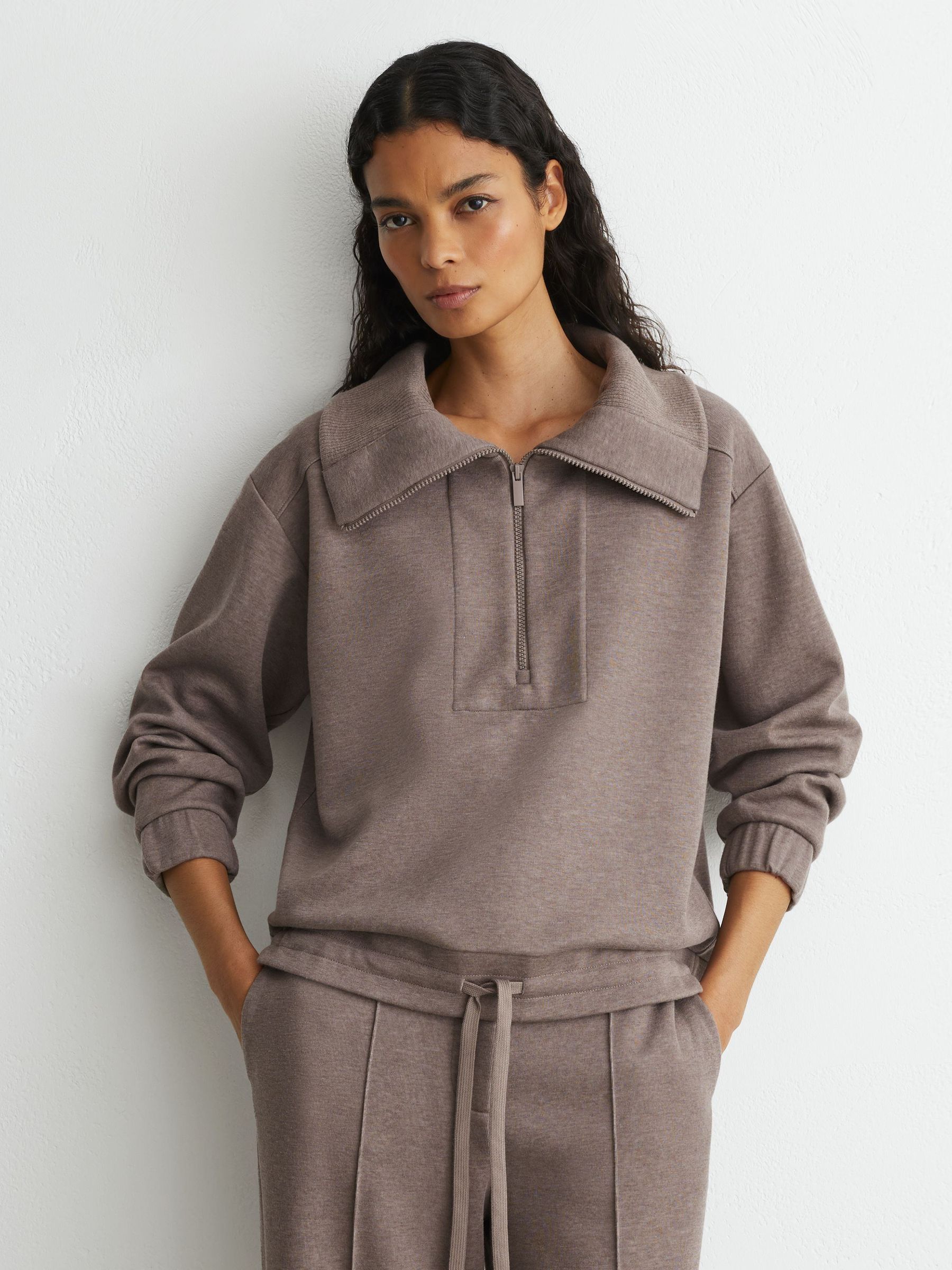 Lyocell-Wool Half-Zip Sweatshirt in Fawn Brown - Image 1 of 6