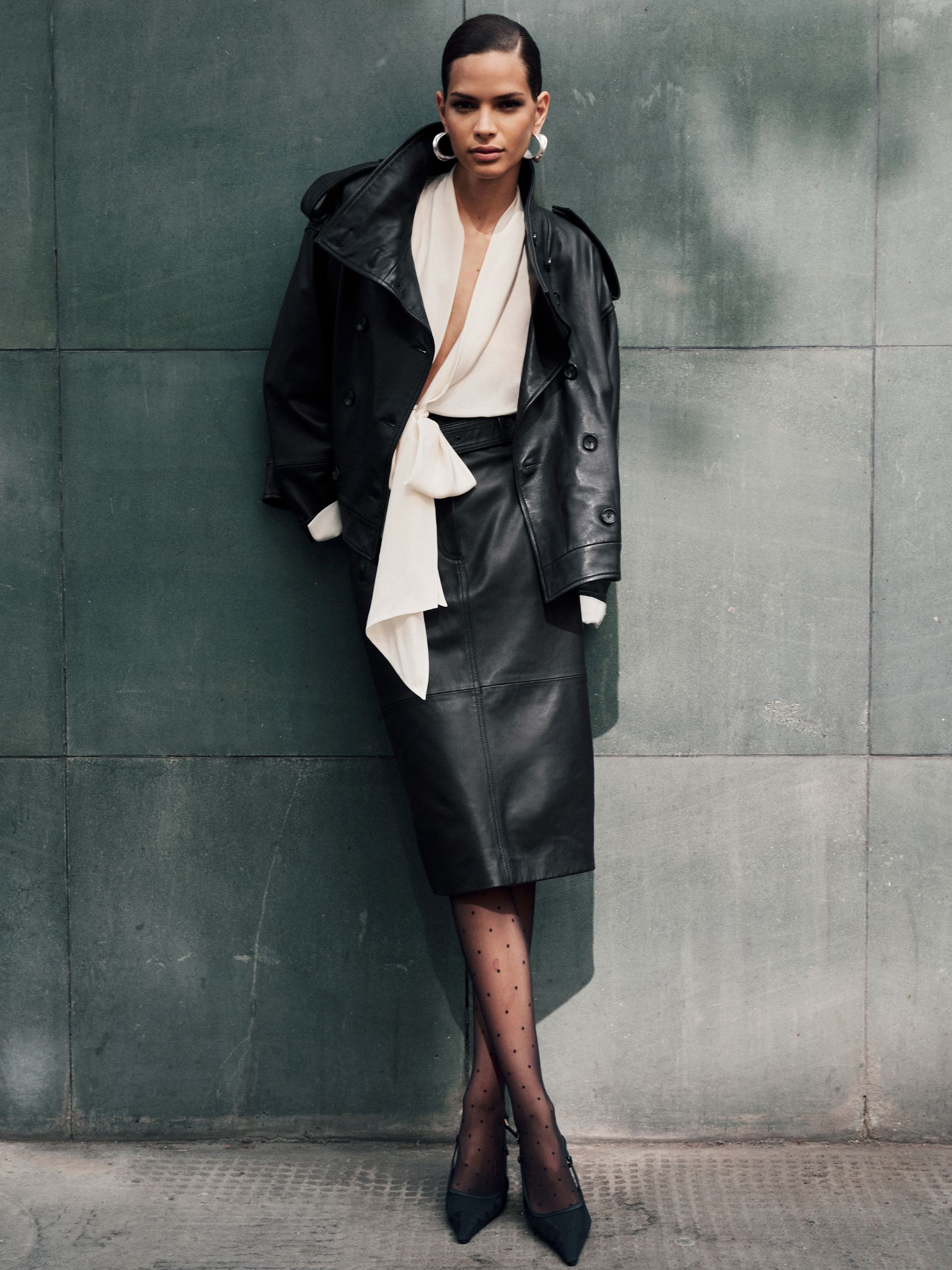 Leather Belted Midi Pencil Skirt in Black - Image 1 of 8