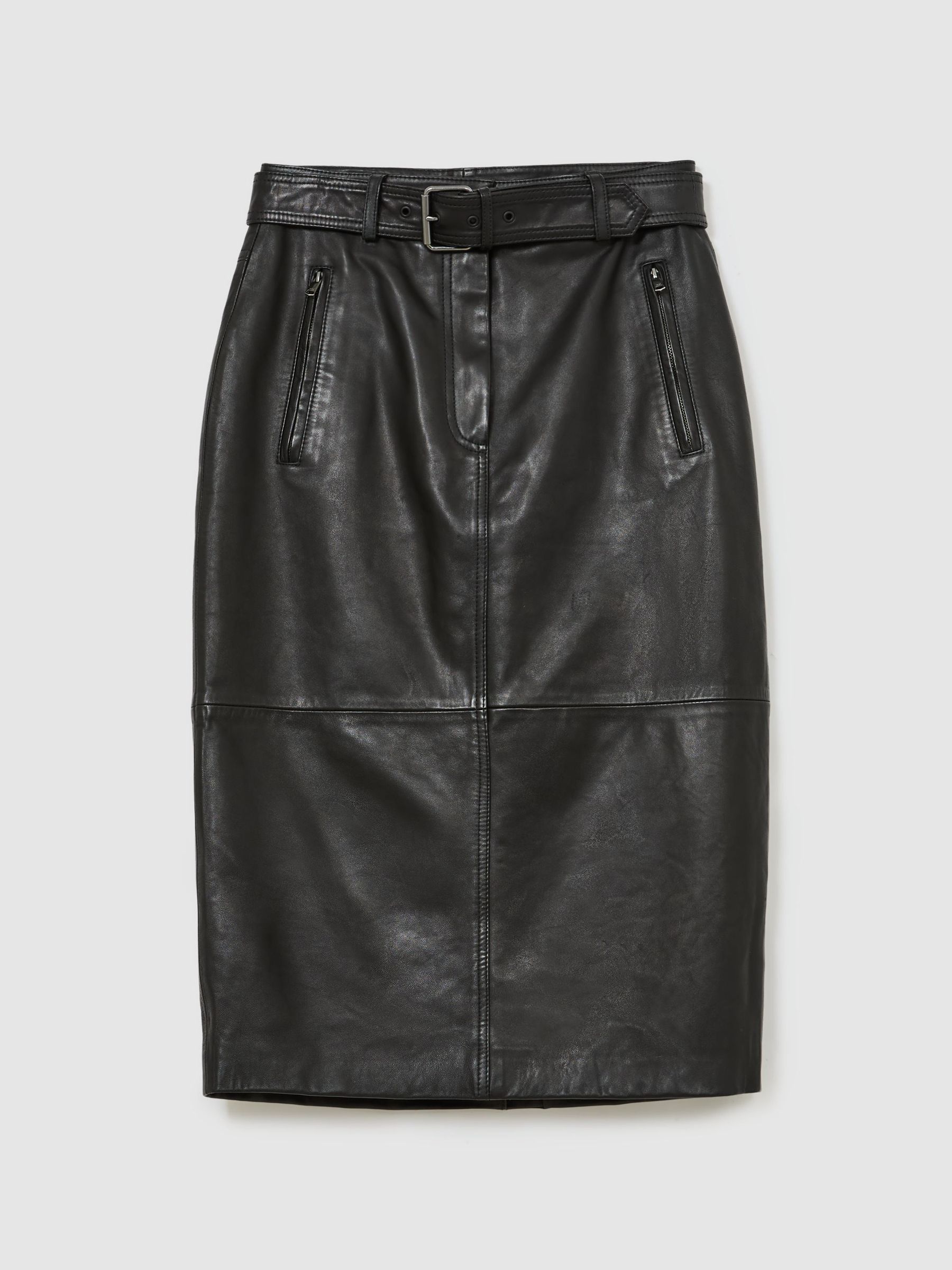Leather Belted Midi Pencil Skirt in Black - Image 2 of 8