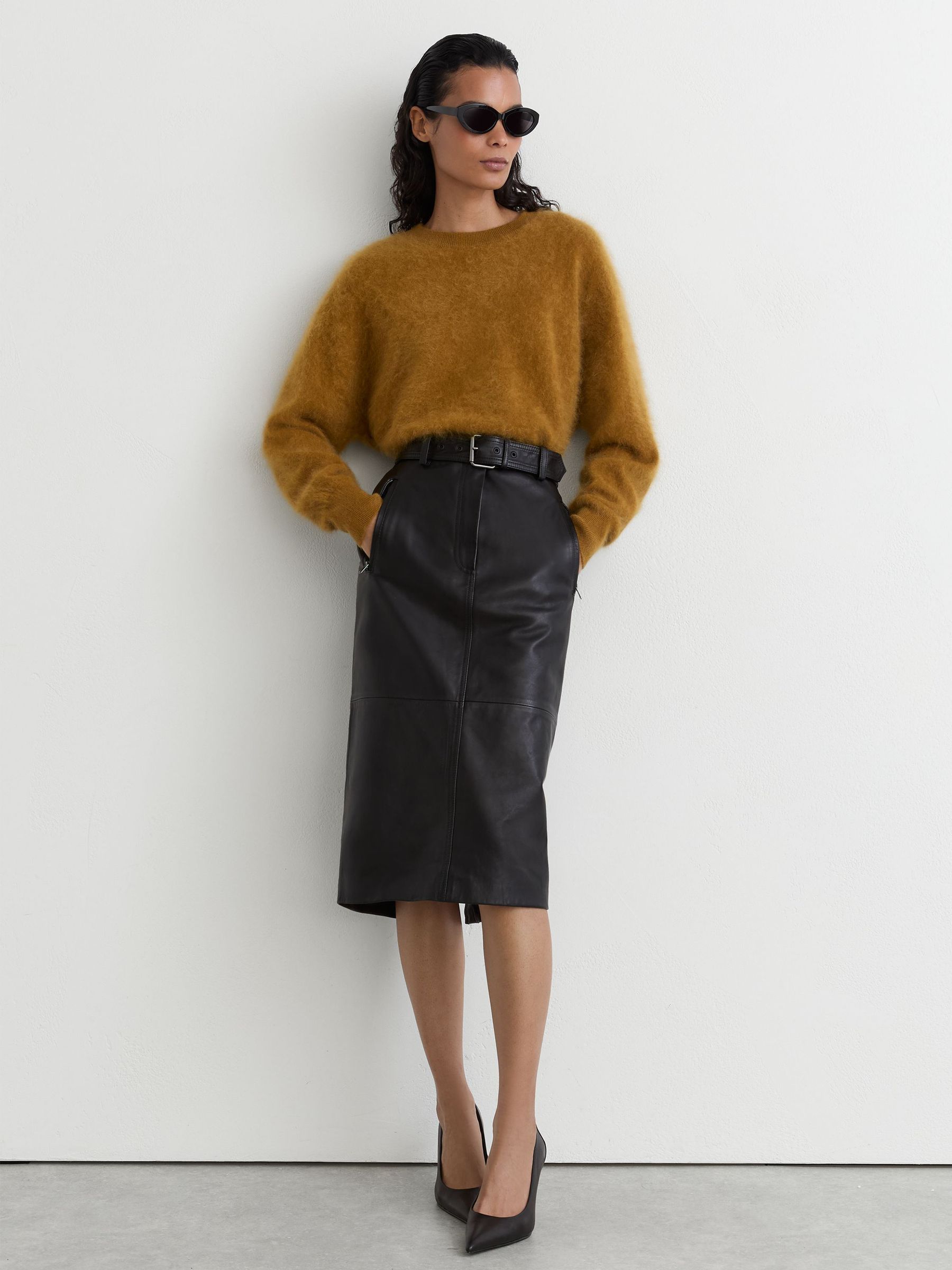 Leather Belted Midi Pencil Skirt in Black - Image 3 of 8