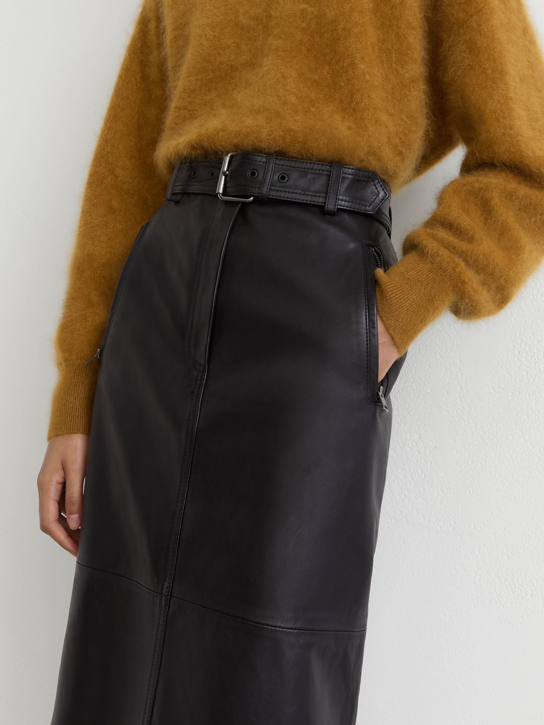 Leather Belted Midi Pencil Skirt in Black - Image 4 of 8