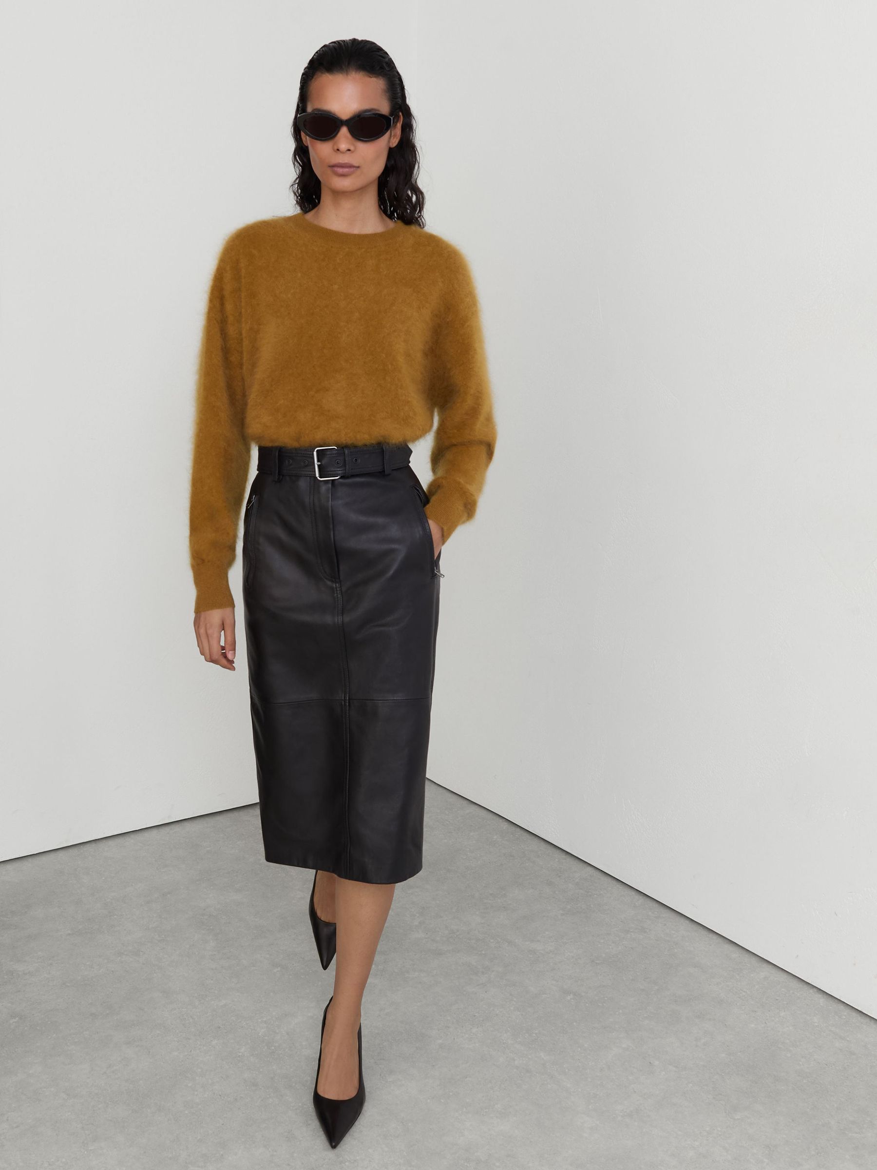 Leather Belted Midi Pencil Skirt in Black - Image 5 of 8