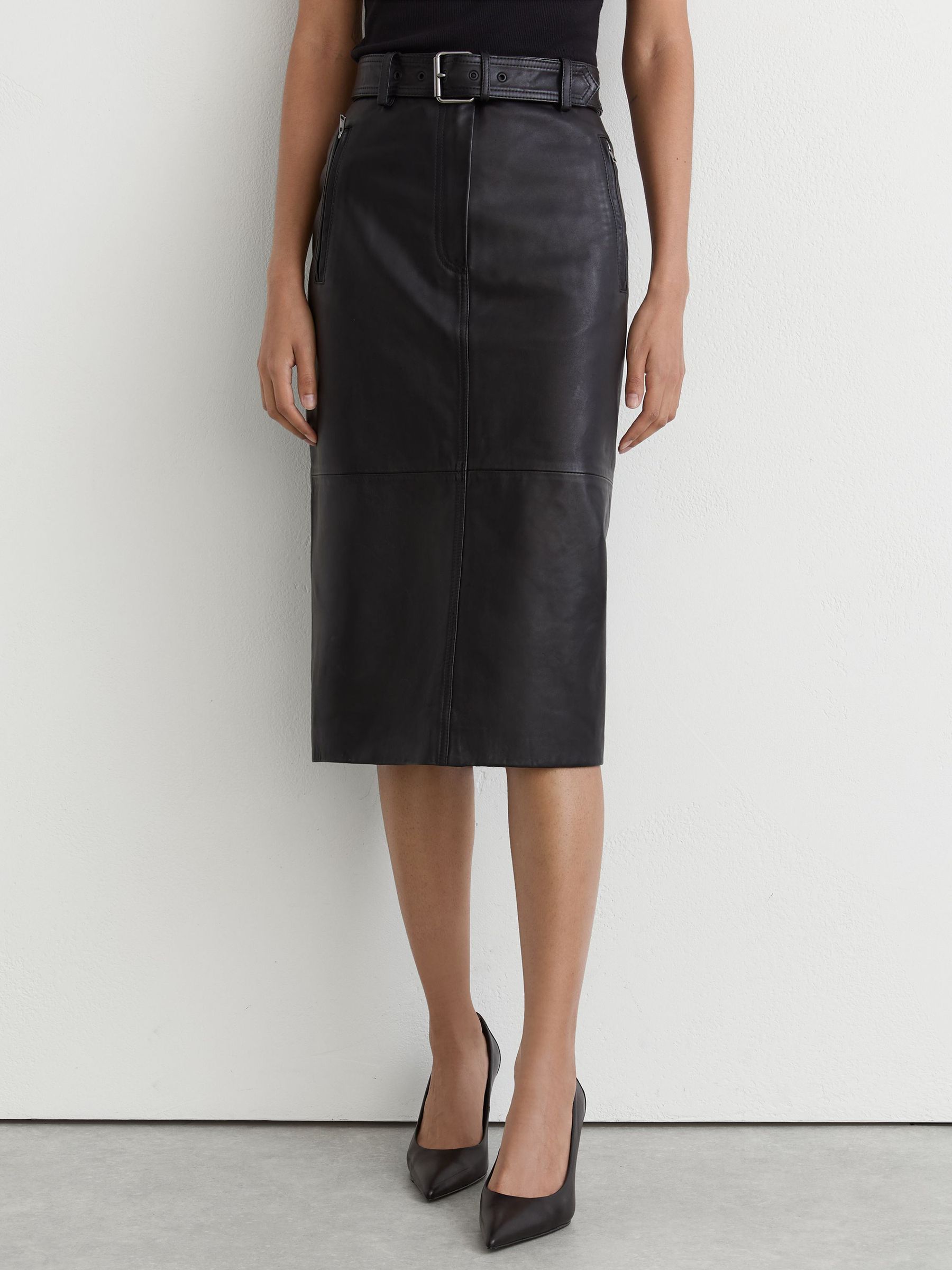 Leather Belted Midi Pencil Skirt in Black - Image 6 of 8