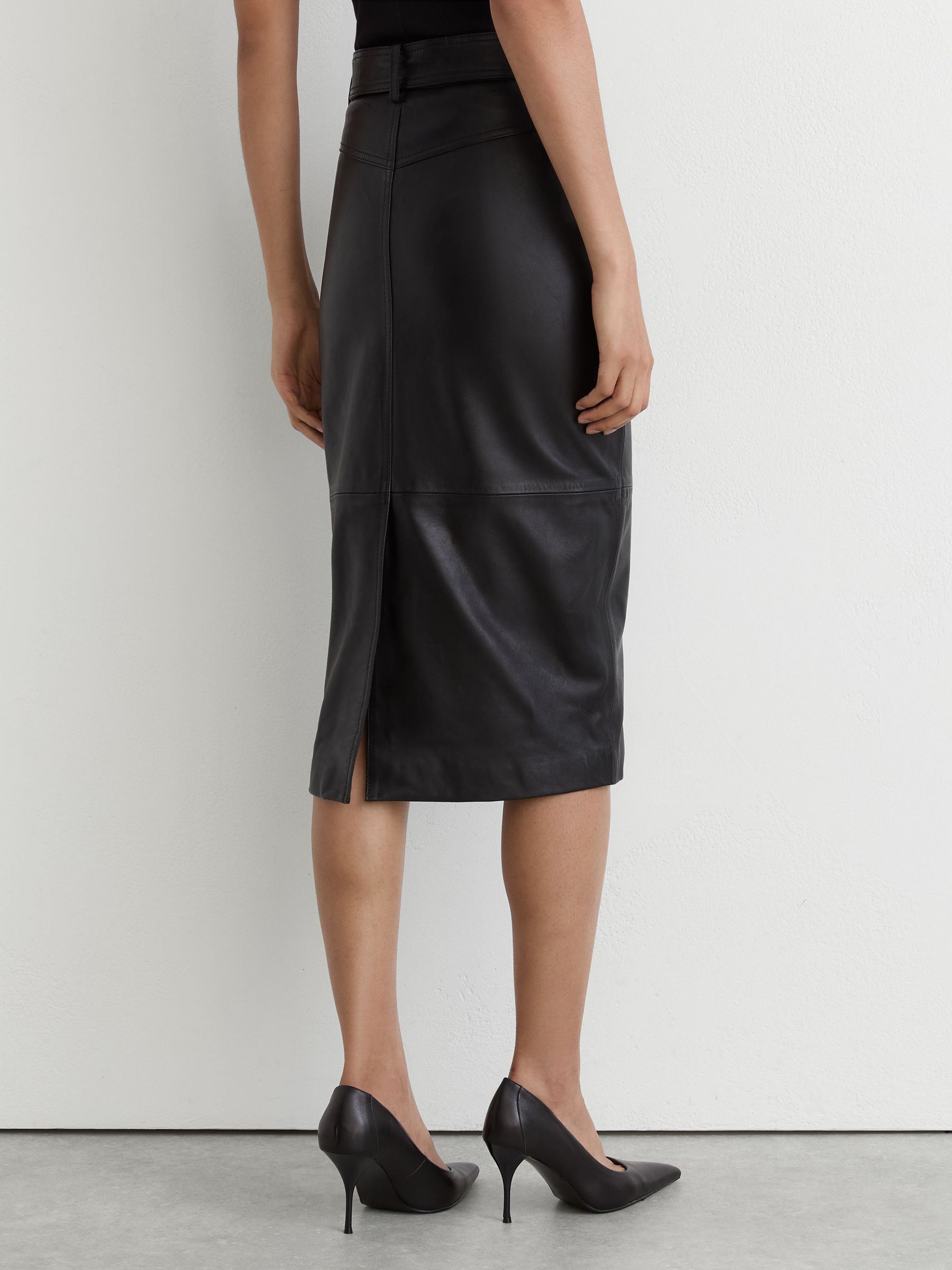 Leather Belted Midi Pencil Skirt in Black - Image 7 of 8