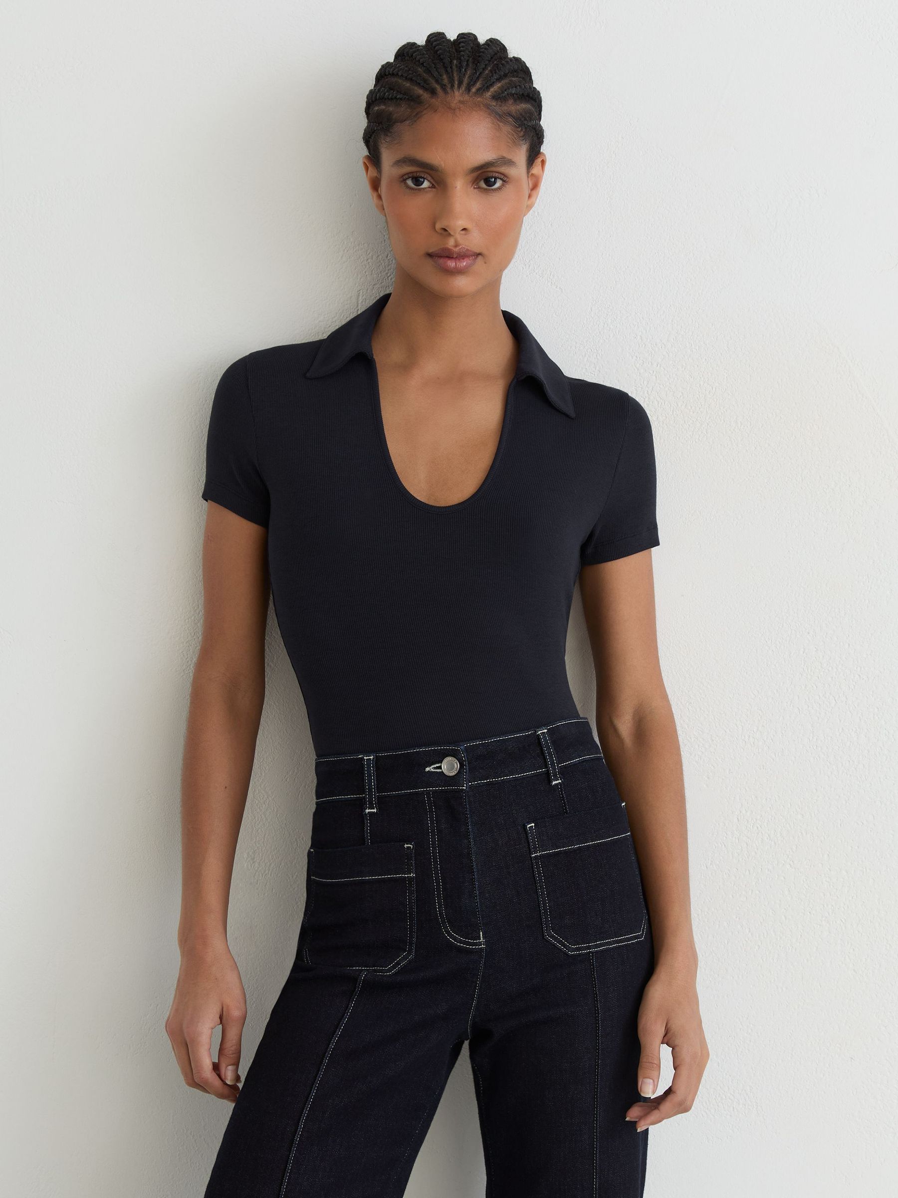 Scoop-Neck Jersey Polo Top in Navy - Image 1 of 6