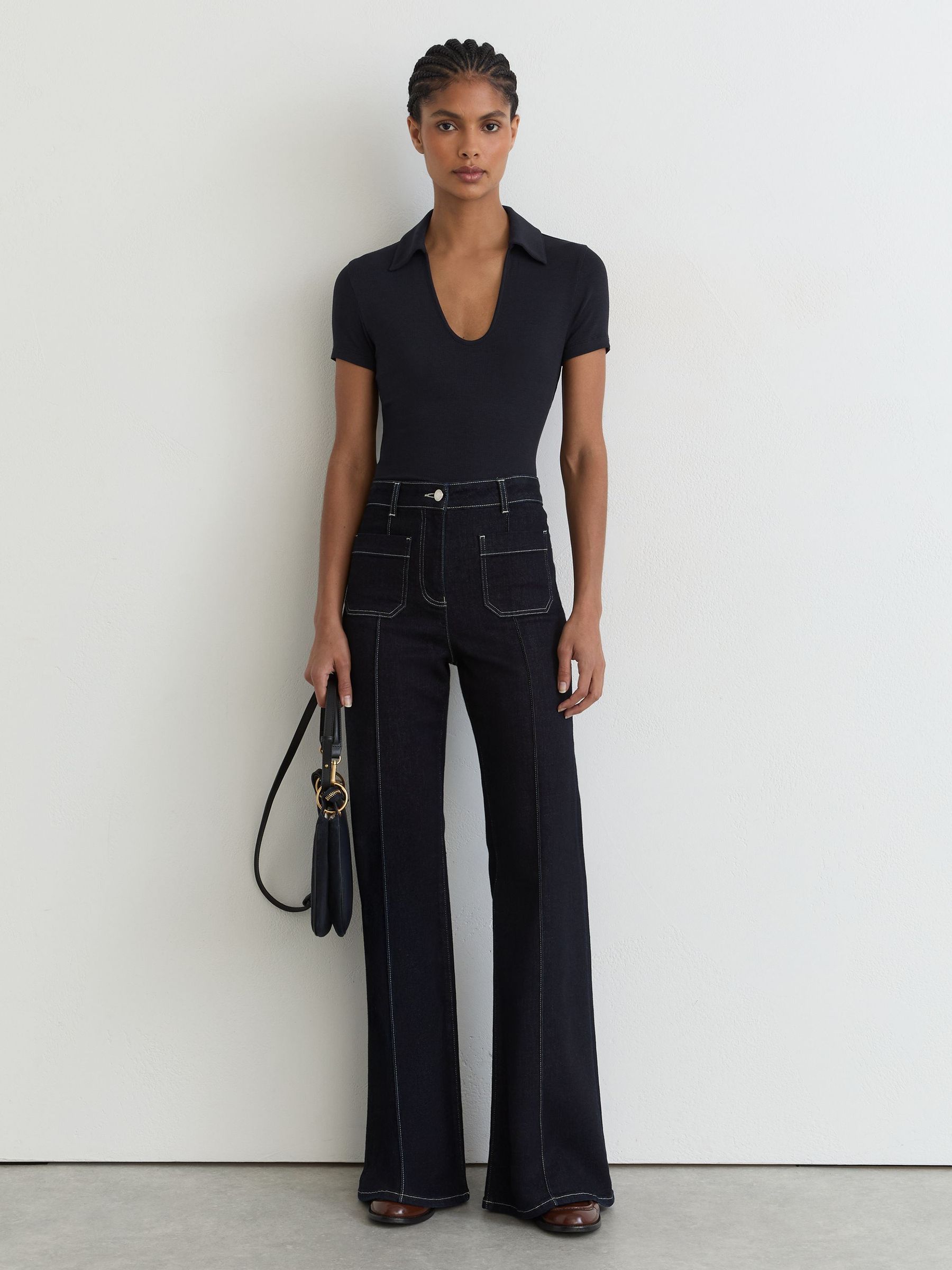Scoop-Neck Jersey Polo Top in Navy - Image 3 of 6