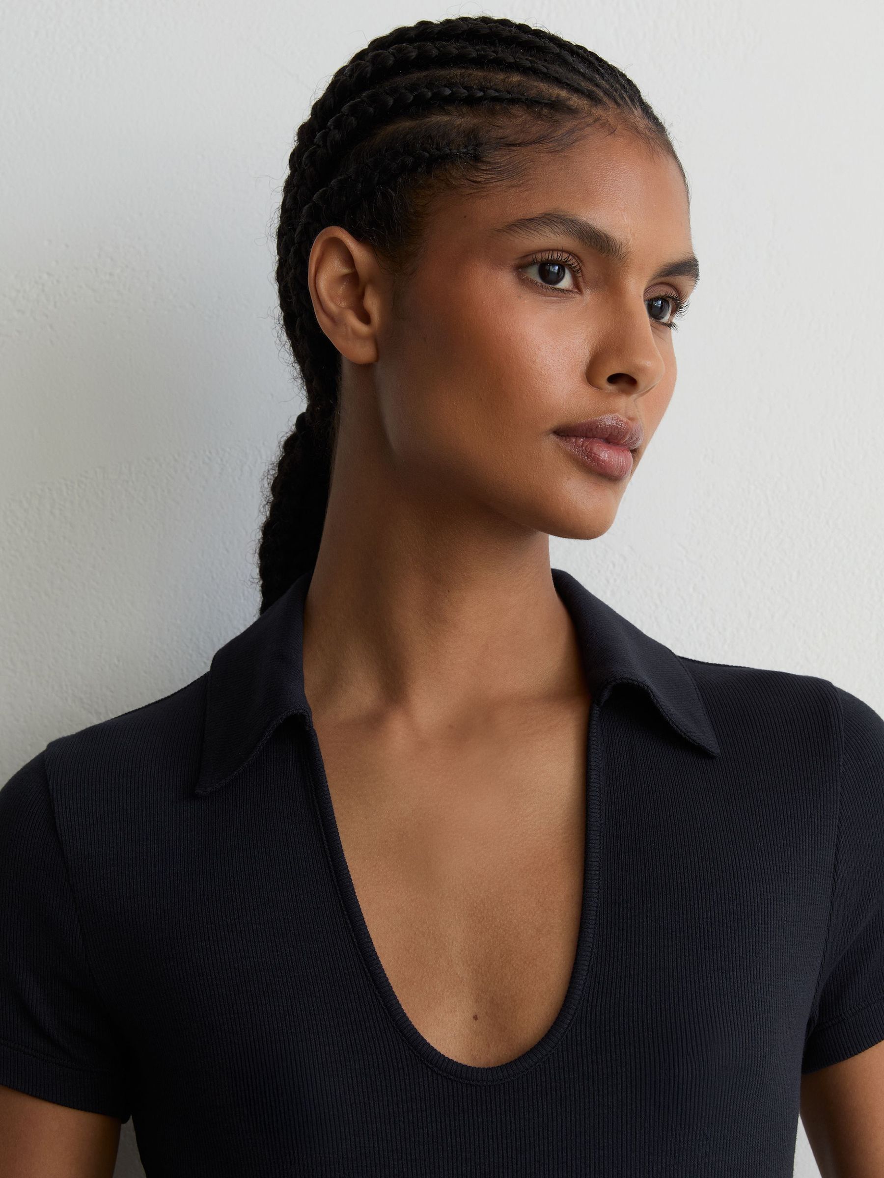 Scoop-Neck Jersey Polo Top in Navy - Image 4 of 6