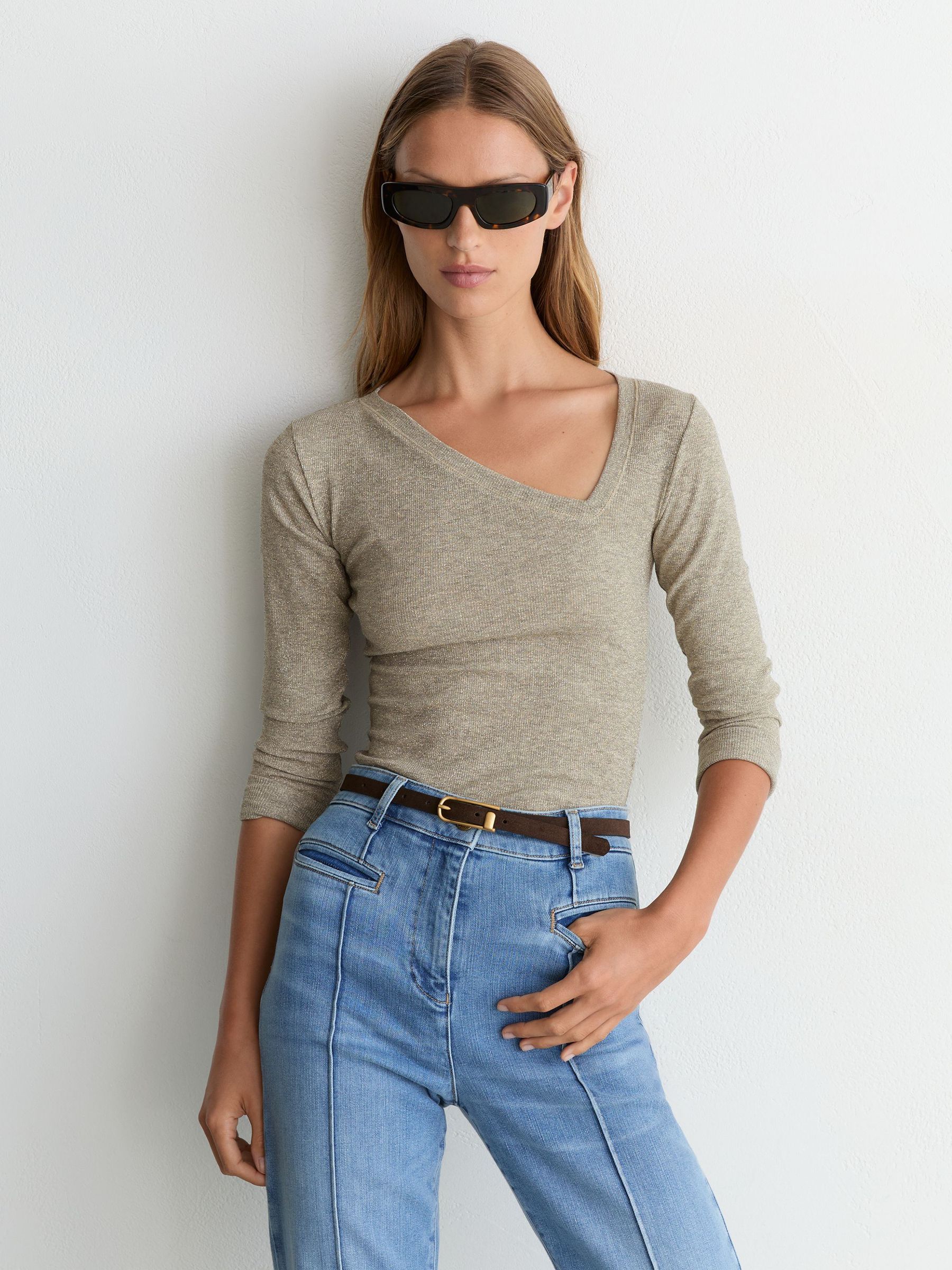 Asymmetric Metallic Long-Sleeve Top in Gold - Image 1 of 6