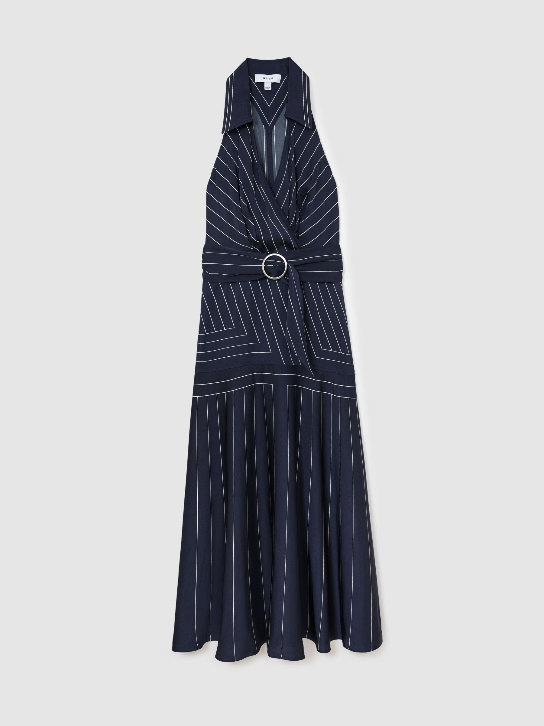 Striped Sleeveless Collared Midi Dress in Navy - Image 2 of 7