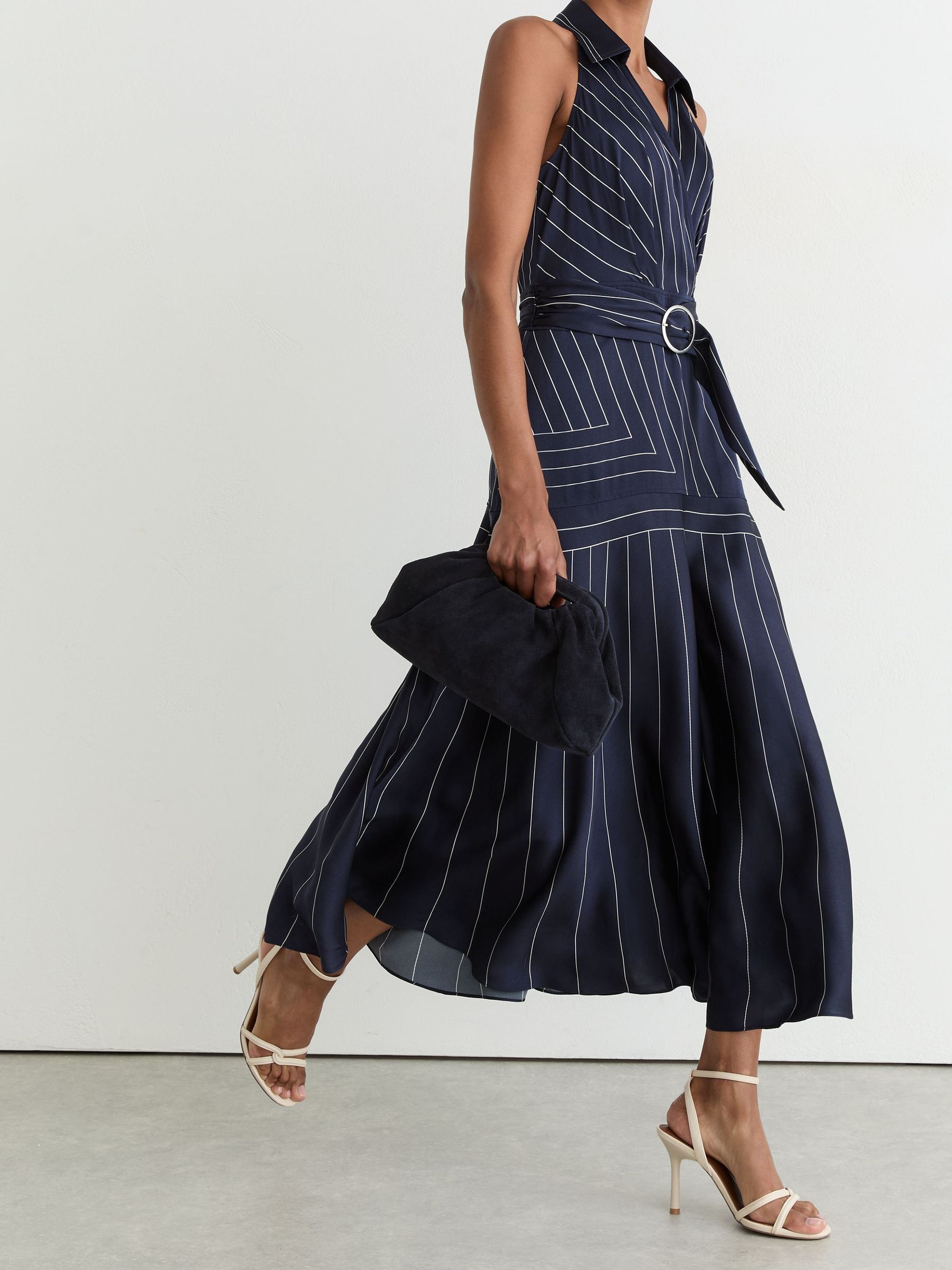 Striped Sleeveless Collared Midi Dress in Navy - Image 3 of 7