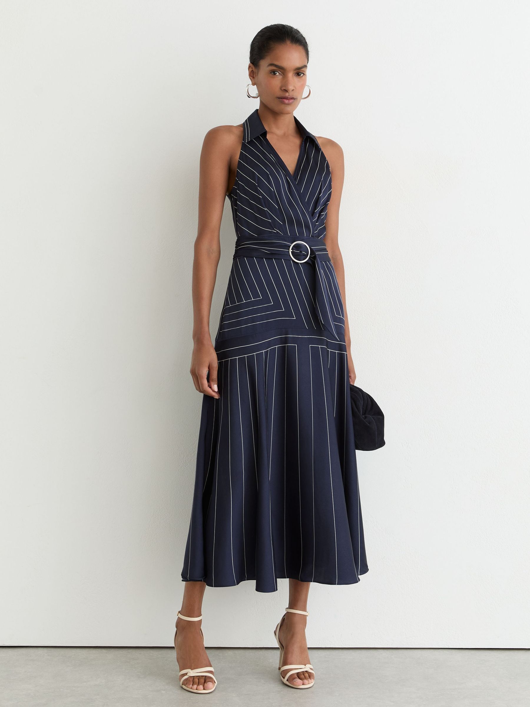 Striped Sleeveless Collared Midi Dress in Navy - Image 4 of 7